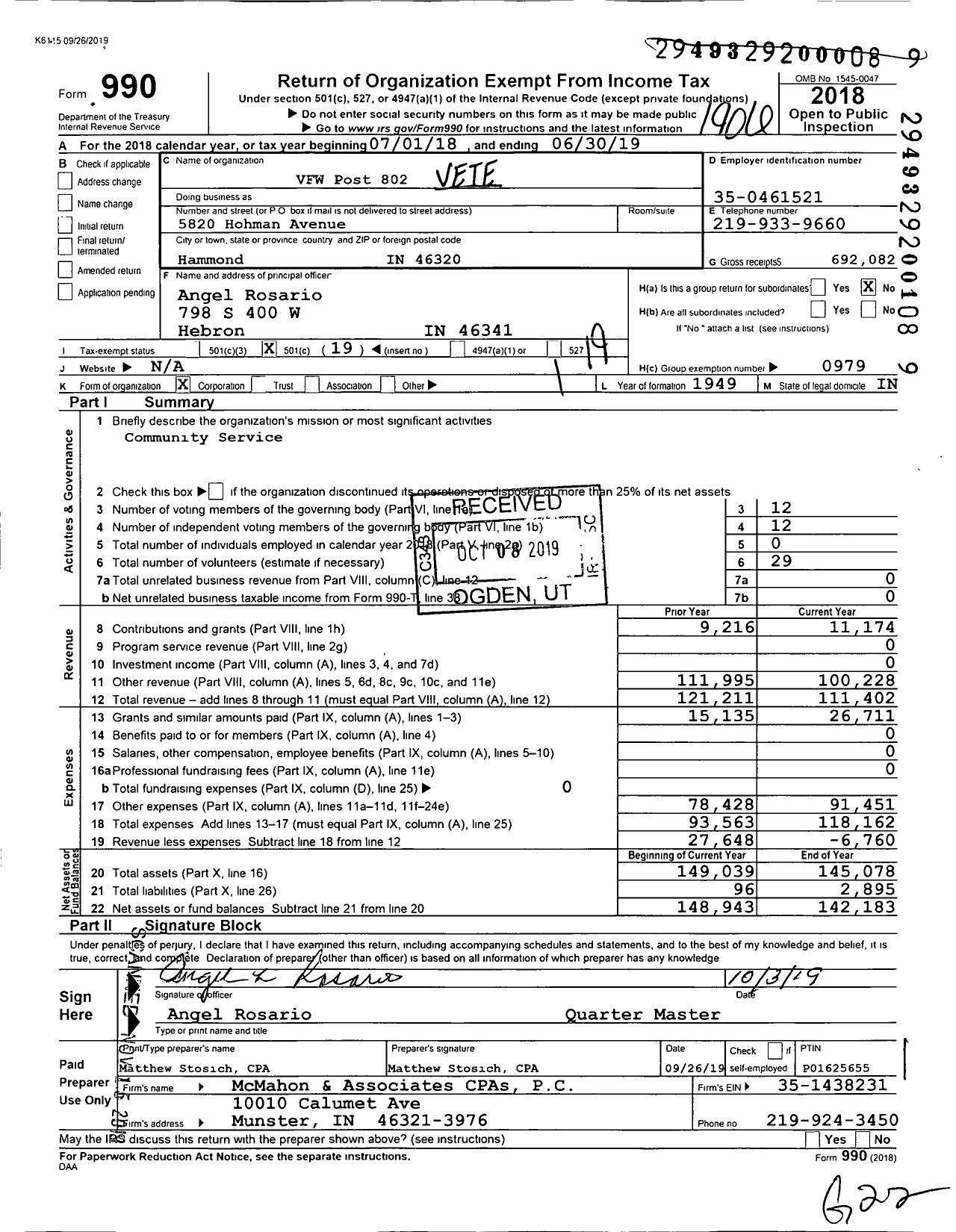 Image of first page of 2018 Form 990O for VFW Department of Indiana - 802 Vfw-Ind Edward H Larsen