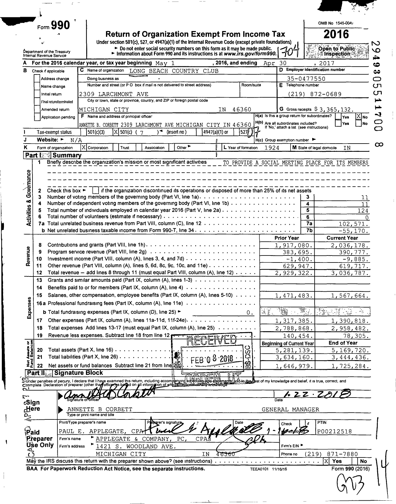 Image of first page of 2016 Form 990O for Long Beach Country Club