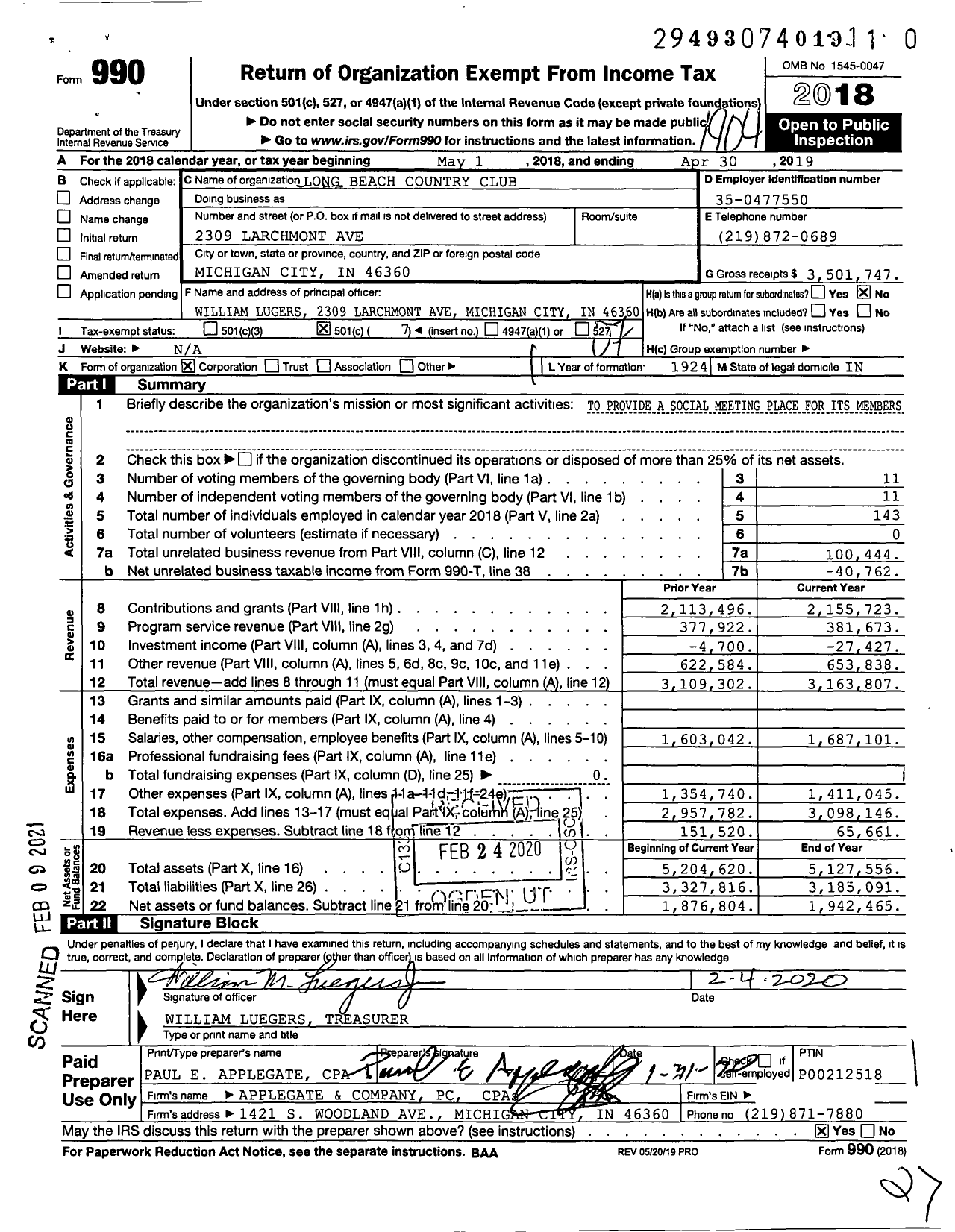 Image of first page of 2018 Form 990O for Long Beach Country Club