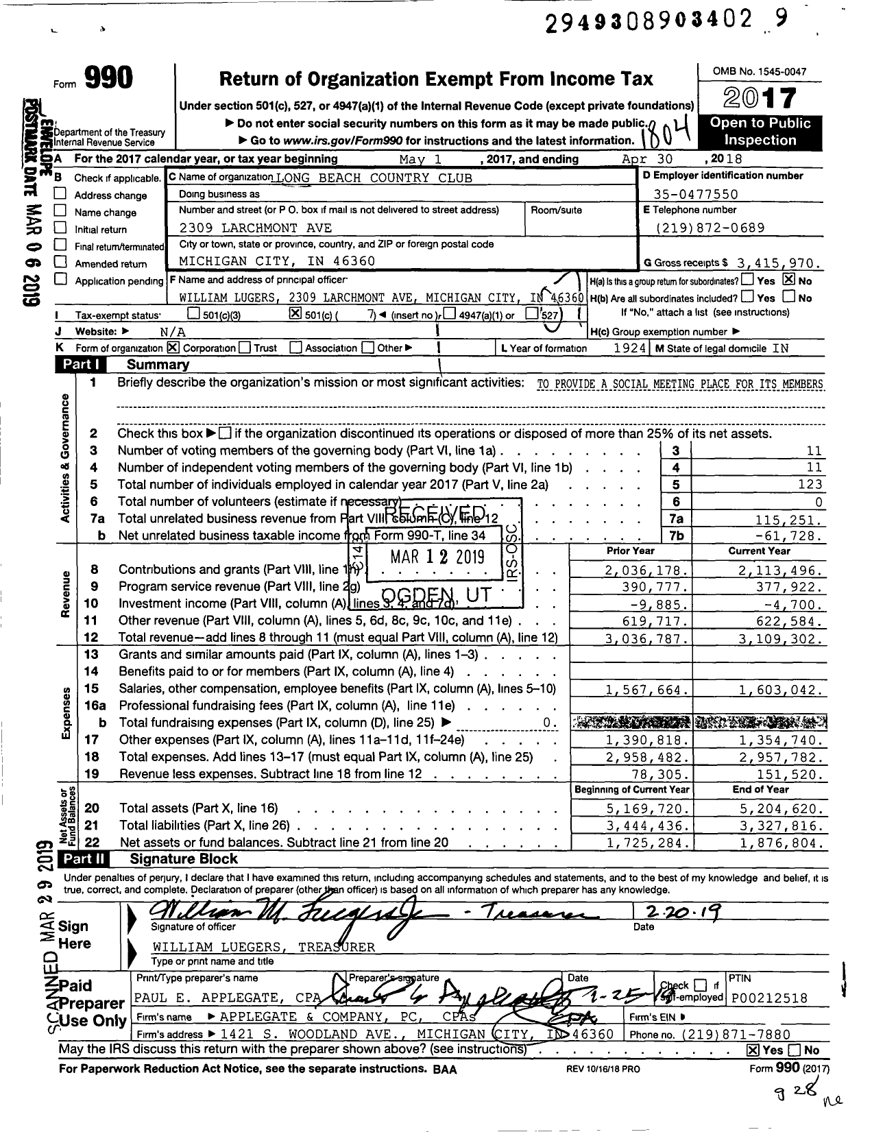 Image of first page of 2017 Form 990O for Long Beach Country Club