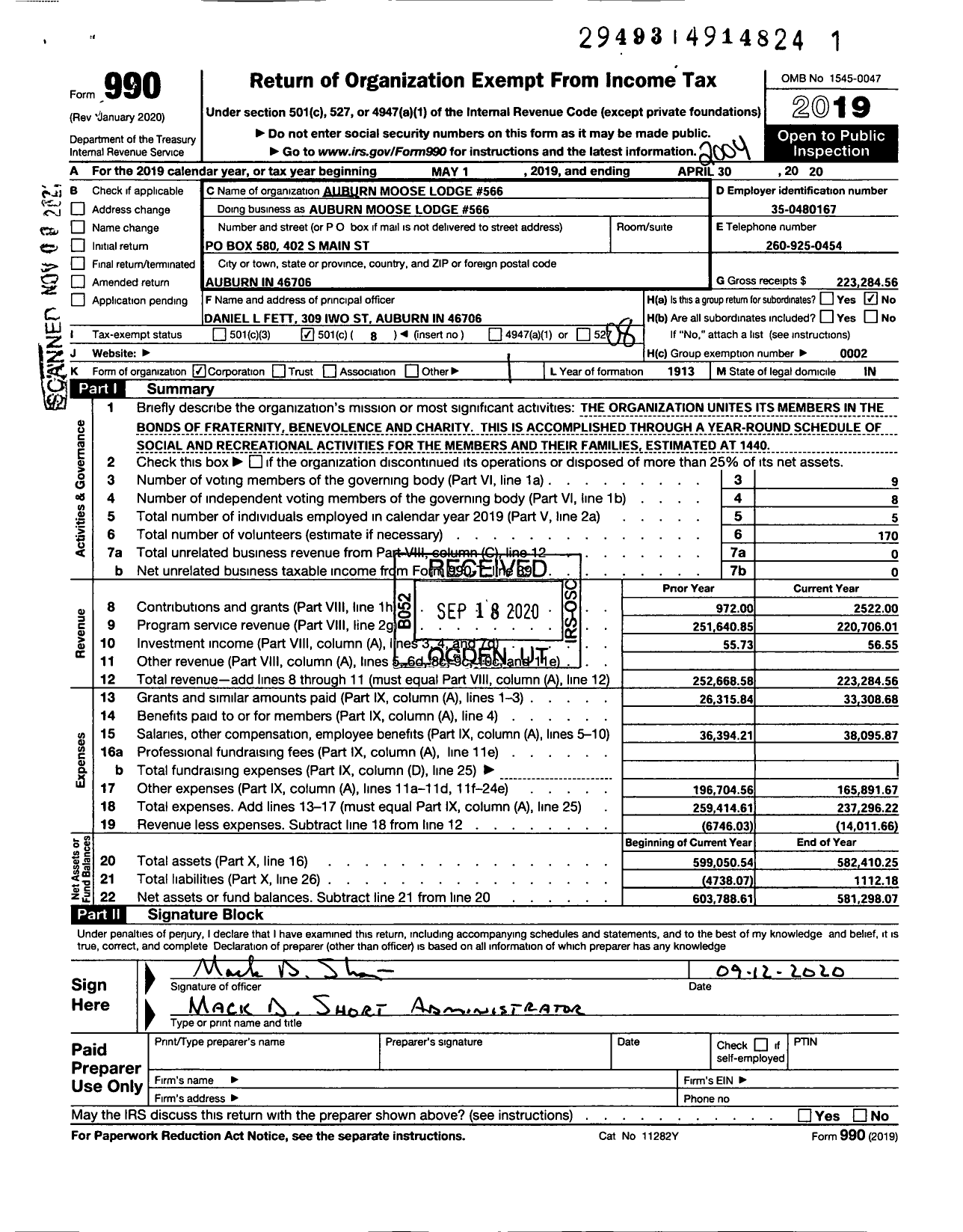 Image of first page of 2019 Form 990O for Loyal Order of Moose - Auburn Lodge No 566