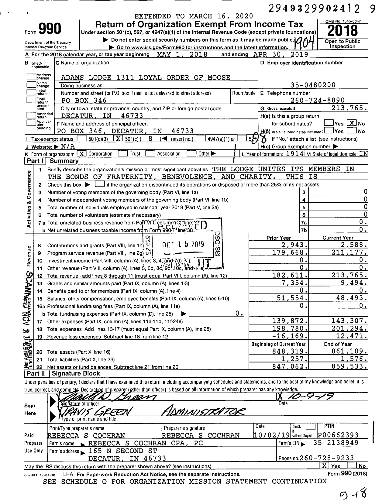 Image of first page of 2018 Form 990O for Loyal Order of Moose - 1311