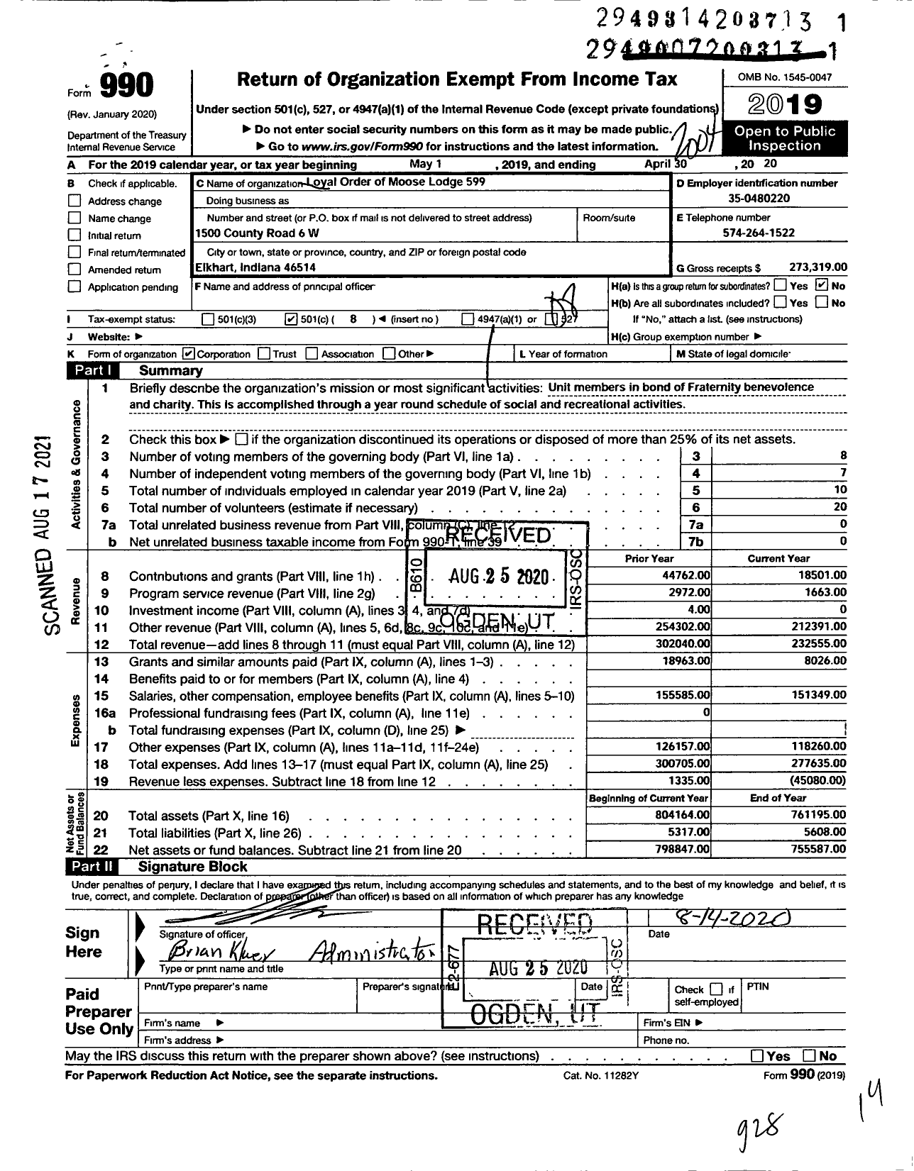 Image of first page of 2019 Form 990O for Loyal Order of Moose - 599