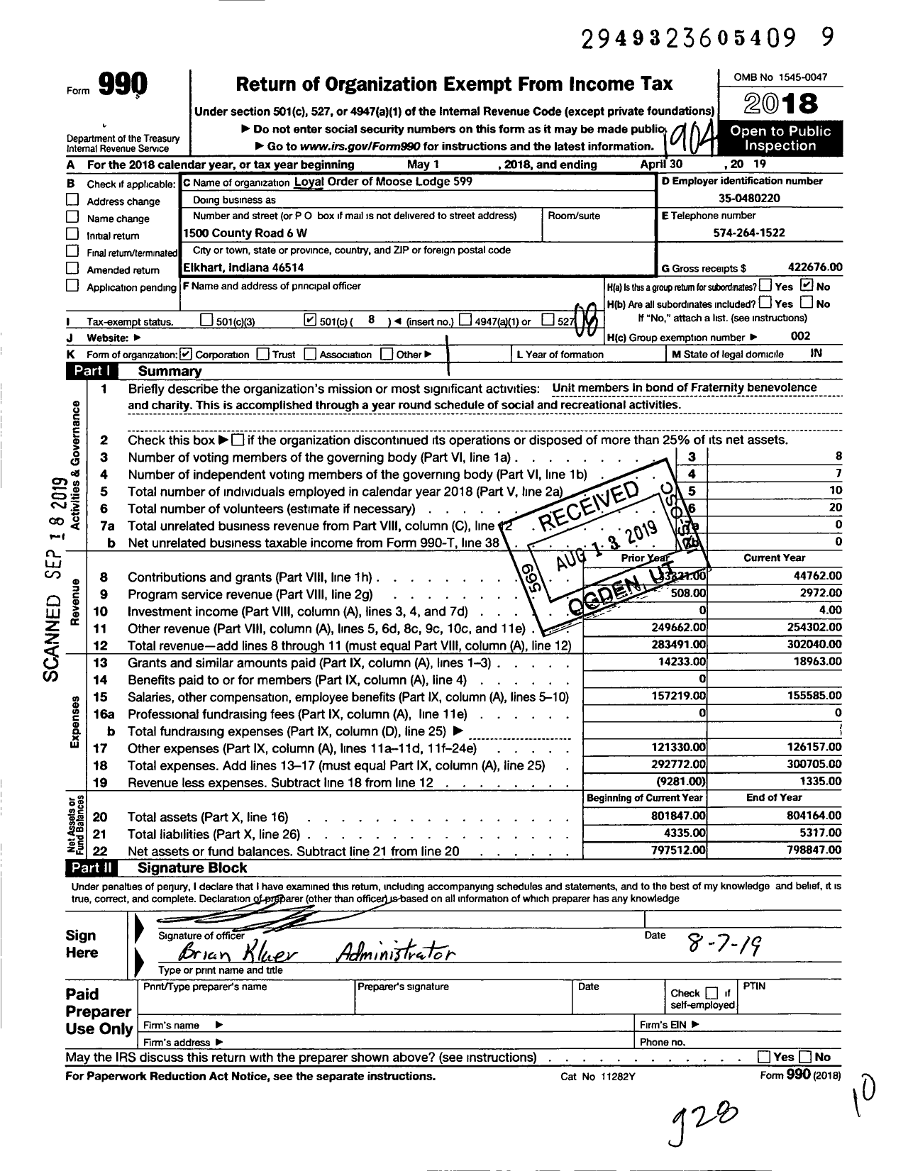 Image of first page of 2018 Form 990O for Loyal Order of Moose - 599