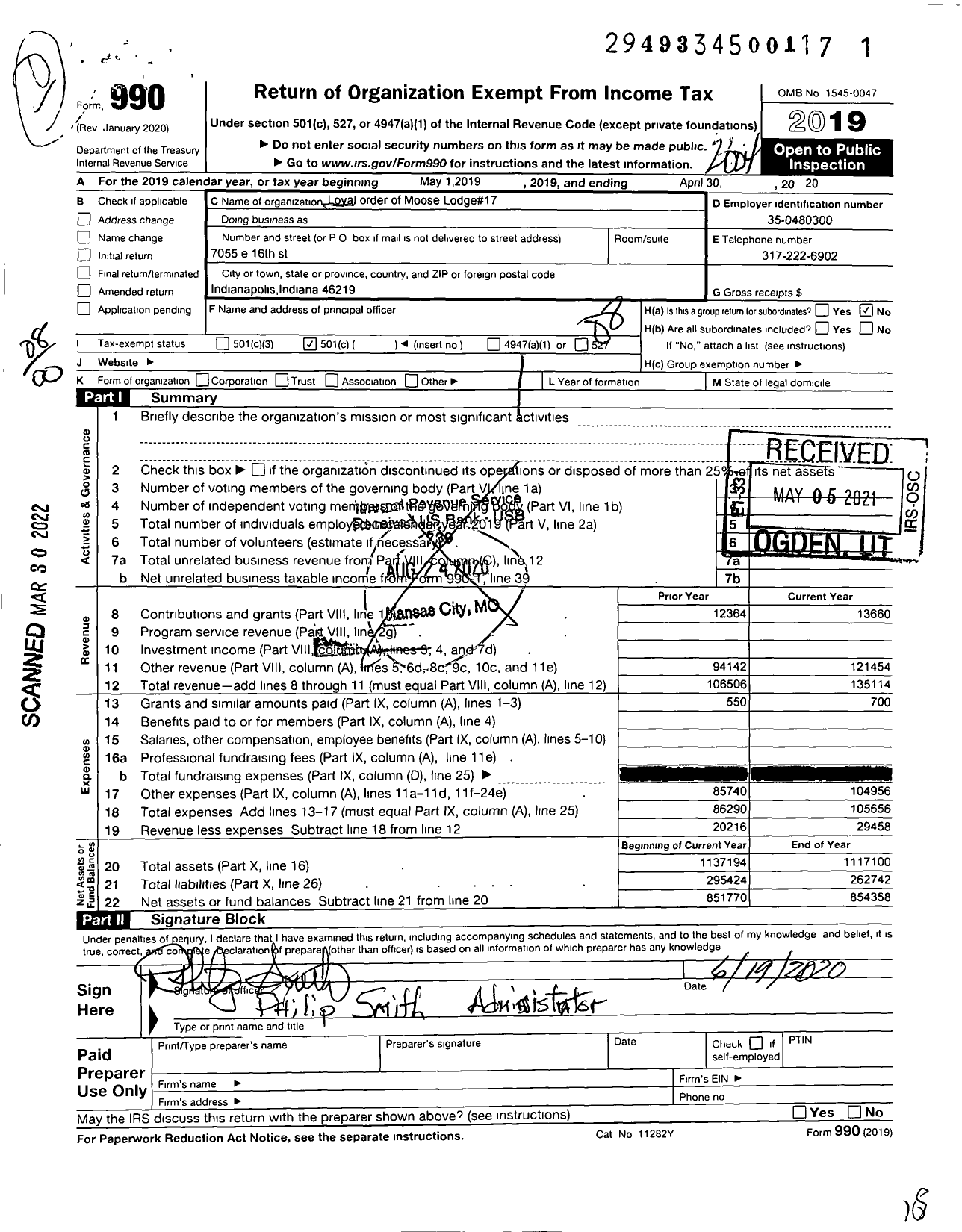 Image of first page of 2019 Form 990O for Loyal Order of Moose - 17
