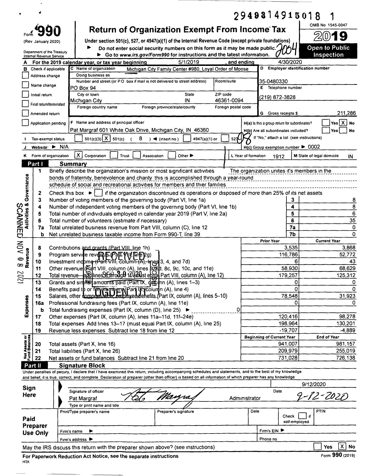 Image of first page of 2019 Form 990O for Michigan City Family Center 980 Loyal Order of Moose