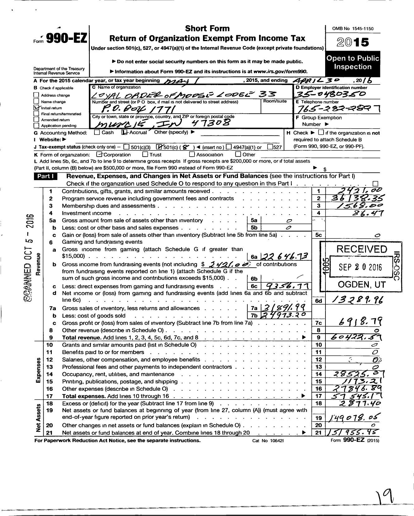 Image of first page of 2015 Form 990EO for Loyal Order of Moose - 33
