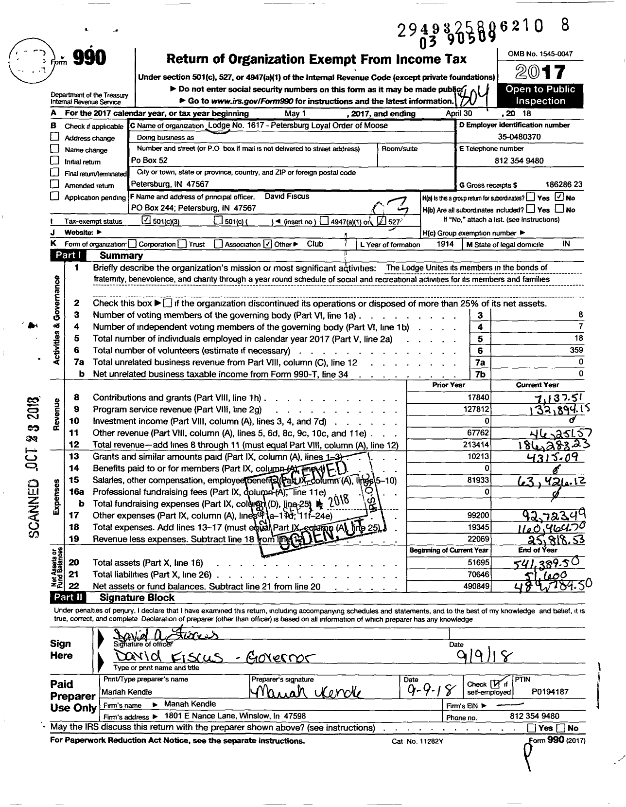 Image of first page of 2017 Form 990 for Loyal Order of Moose - 1617
