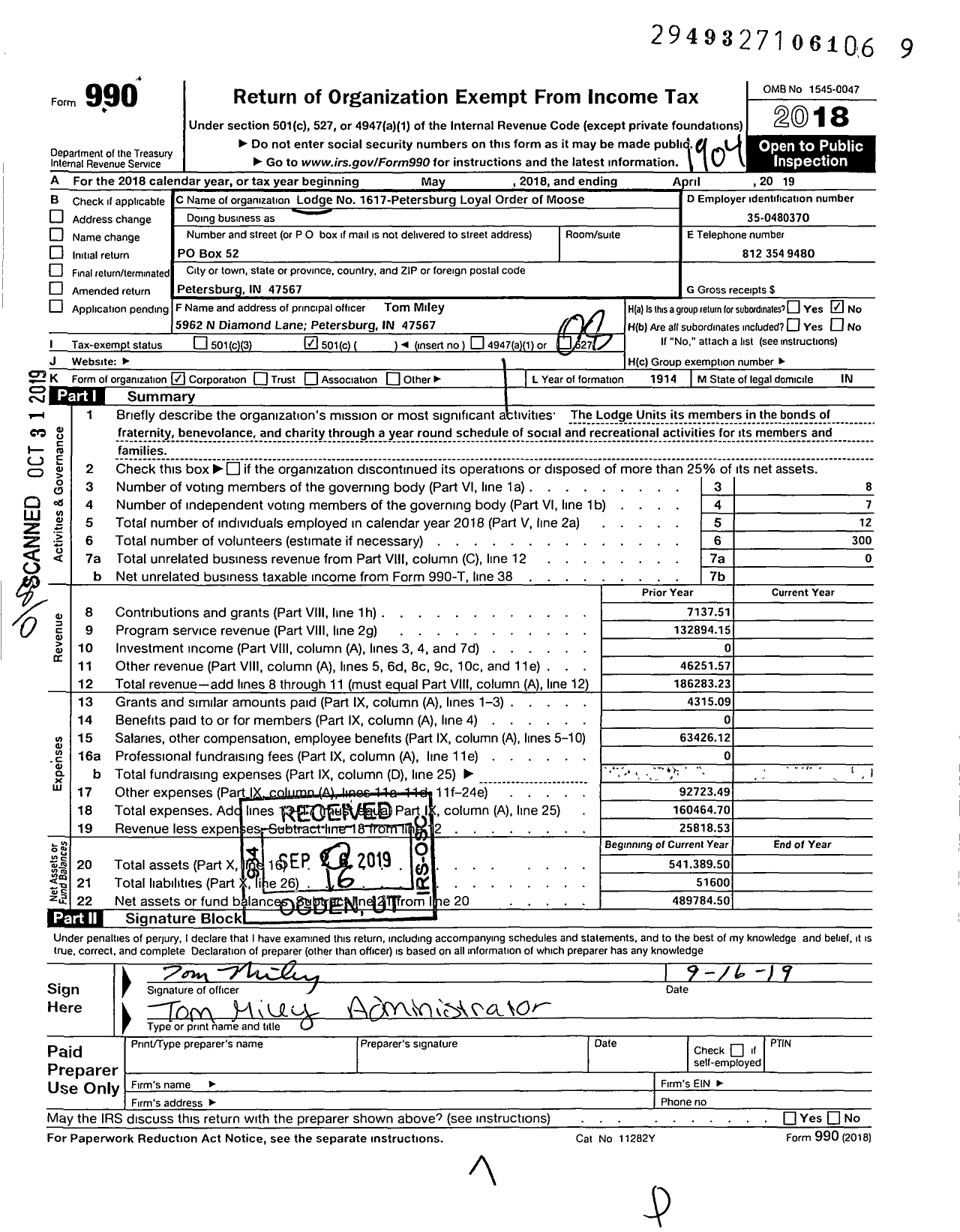 Image of first page of 2018 Form 990O for Loyal Order of Moose - 1617