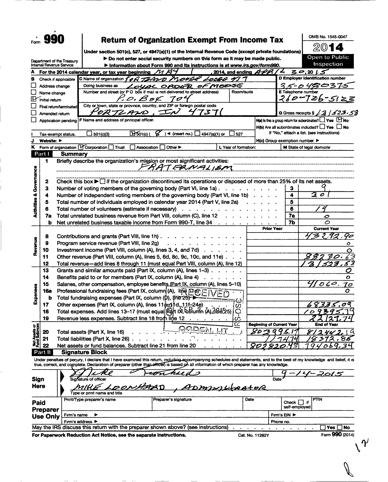 Image of first page of 2014 Form 990O for Loyal Order of Moose - 417