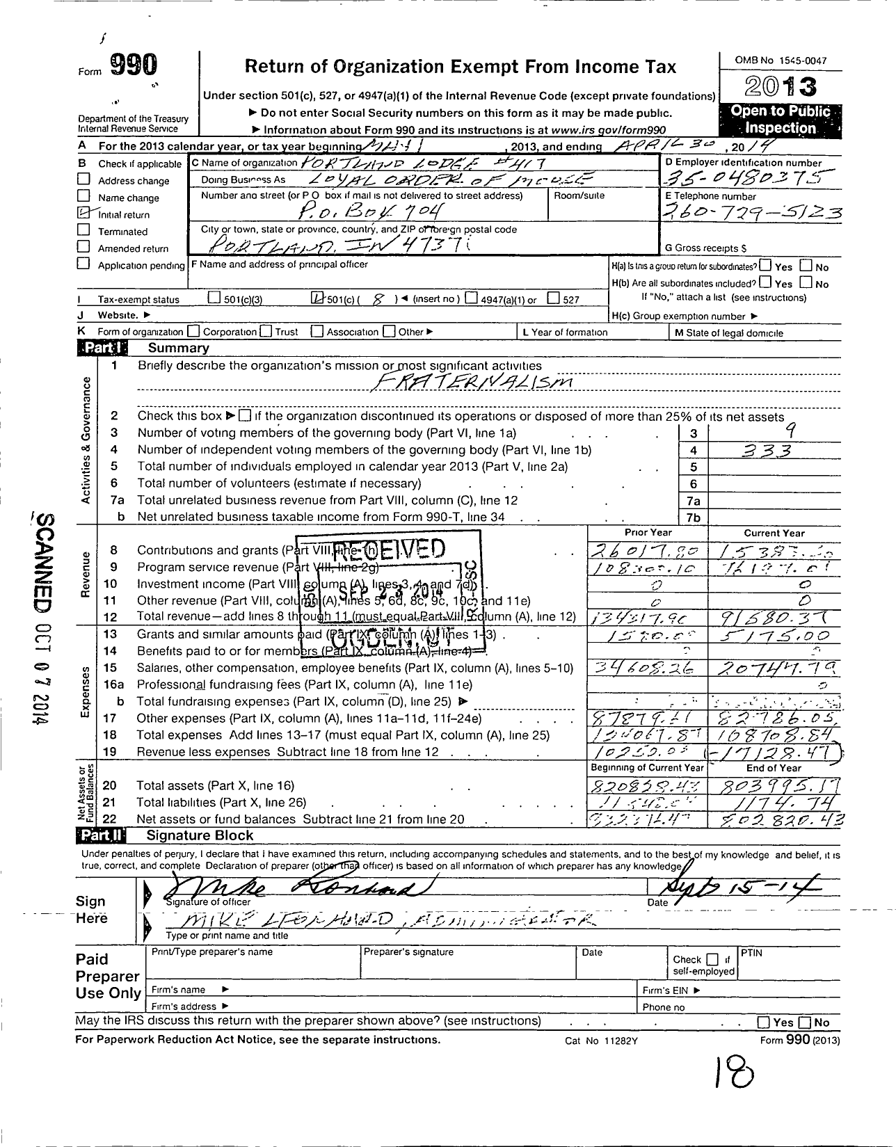 Image of first page of 2013 Form 990O for Loyal Order of Moose - 417