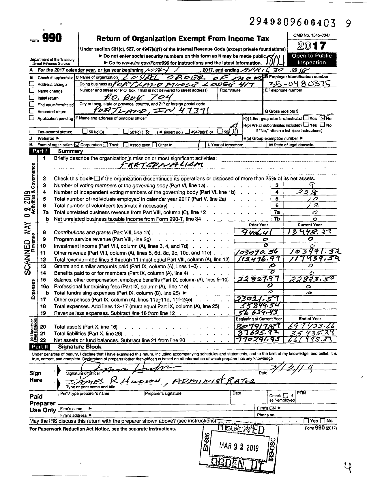 Image of first page of 2017 Form 990O for Loyal Order of Moose - 417