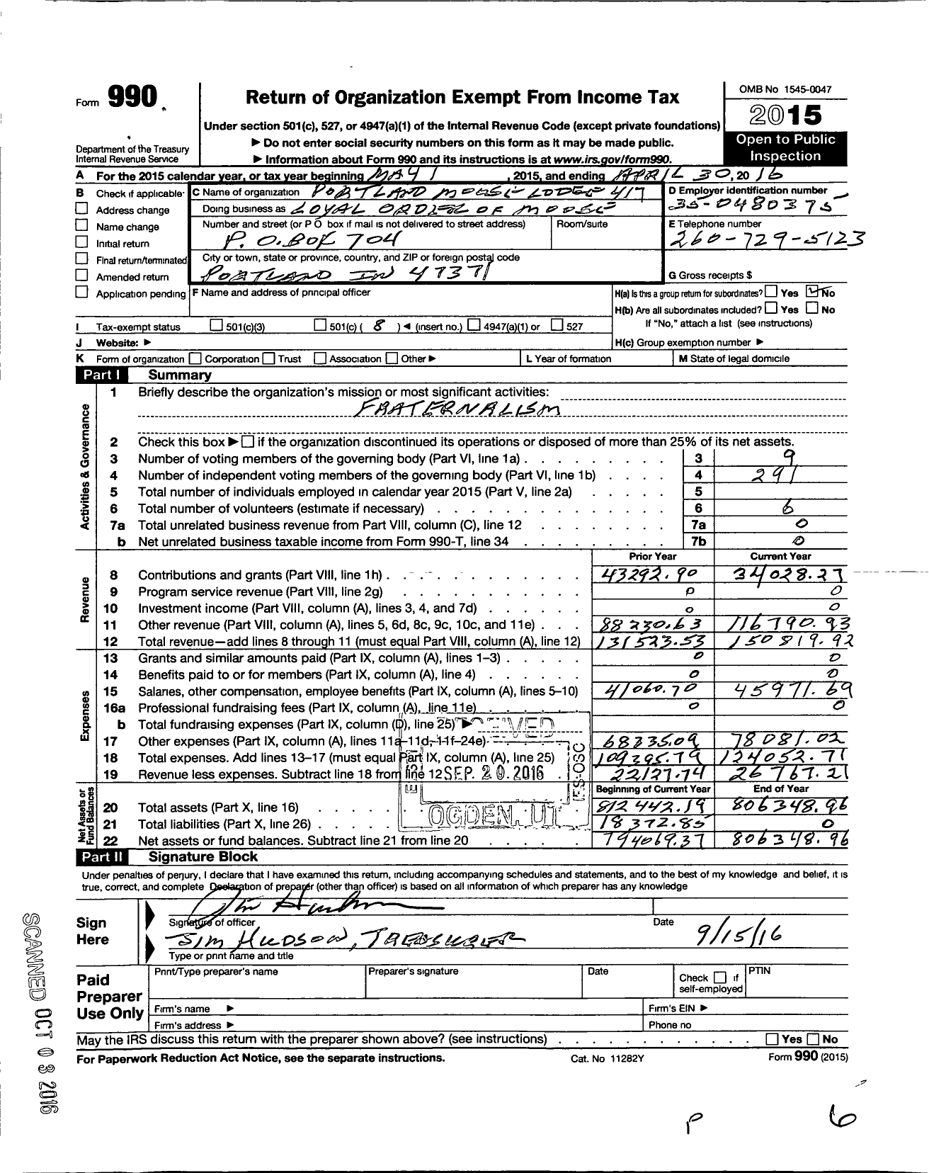 Image of first page of 2015 Form 990O for Loyal Order of Moose - 417