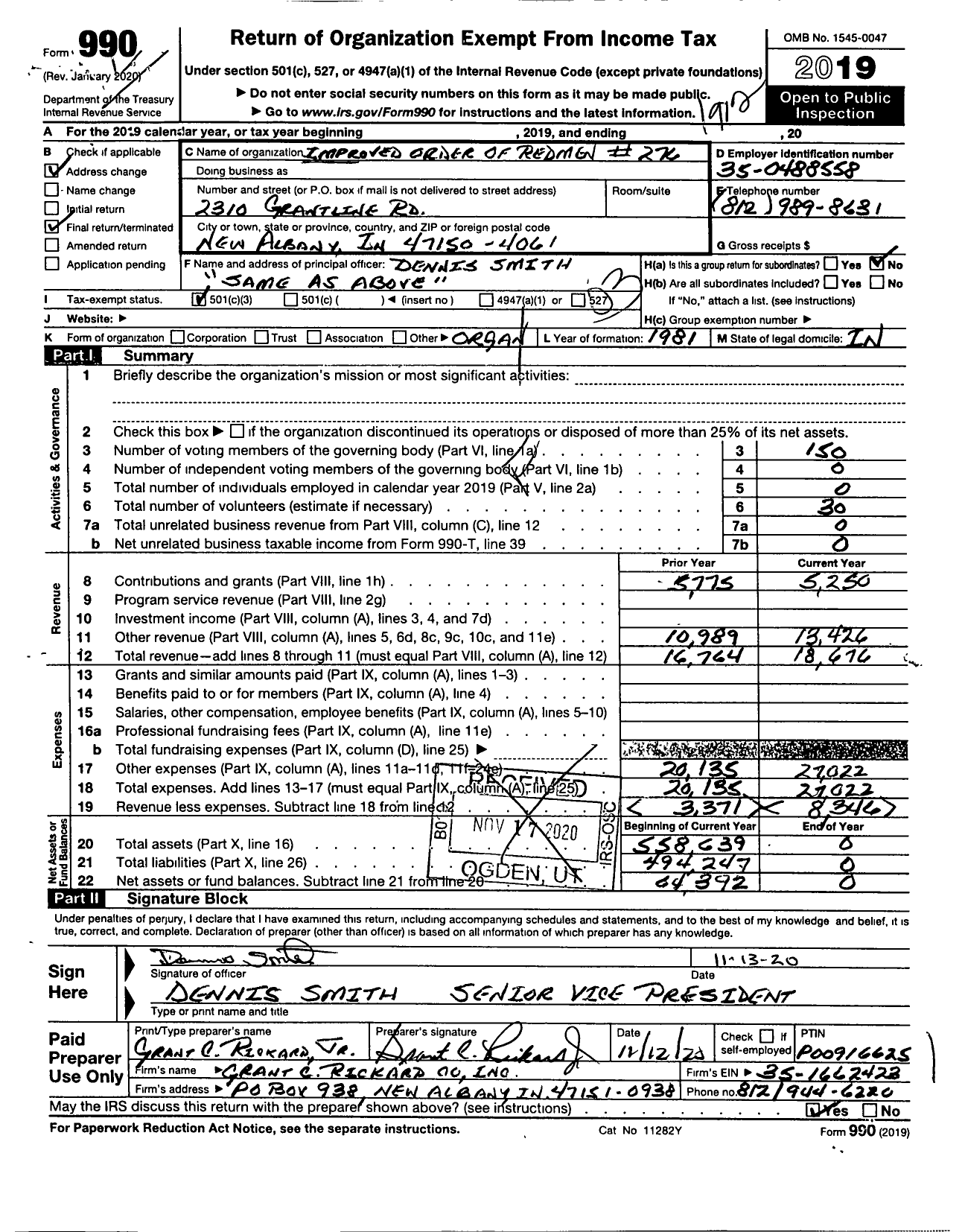 Image of first page of 2019 Form 990 for Great Council of Indiana Improved Order of Redmen - 276 Manzanata Tribe