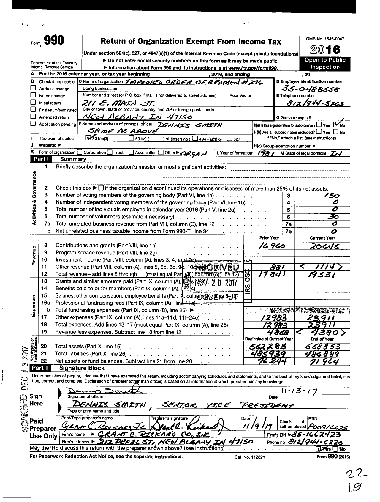 Image of first page of 2016 Form 990 for Great Council of Indiana Improved Order of Redmen - 276 Manzanata Tribe