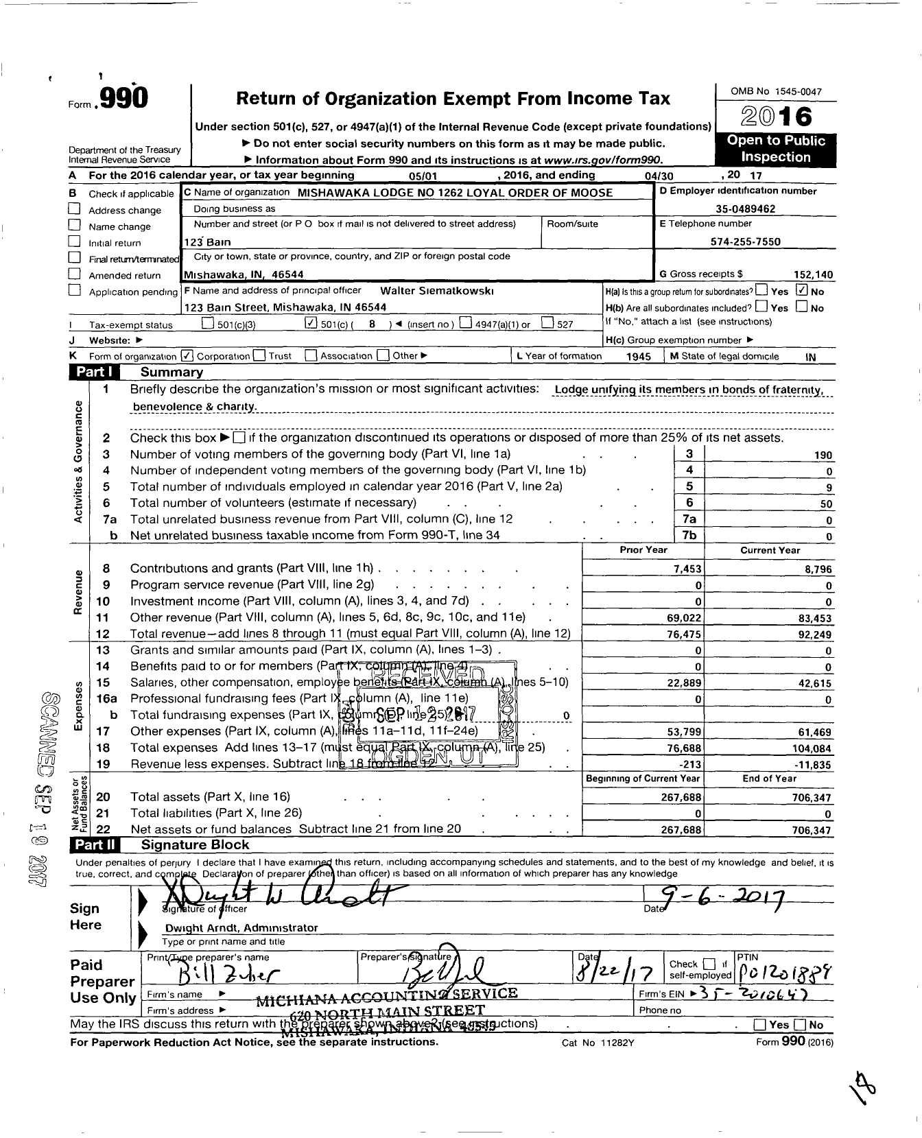 Image of first page of 2016 Form 990O for Loyal Order of Moose 1262