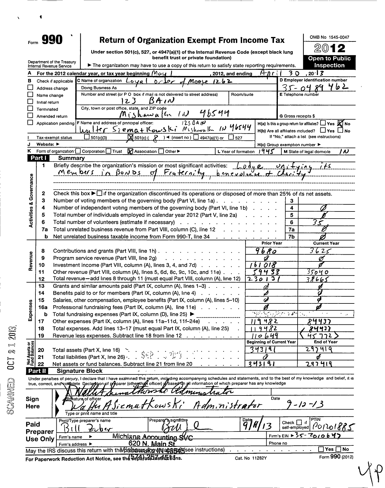 Image of first page of 2012 Form 990O for Loyal Order of Moose 1262