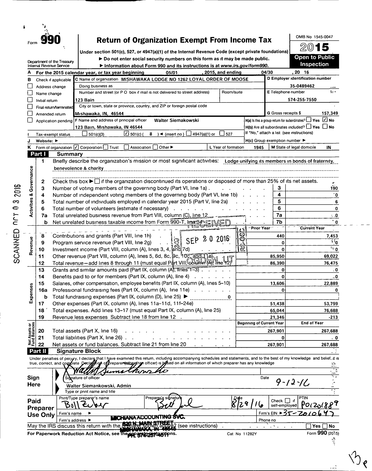 Image of first page of 2015 Form 990O for Loyal Order of Moose 1262