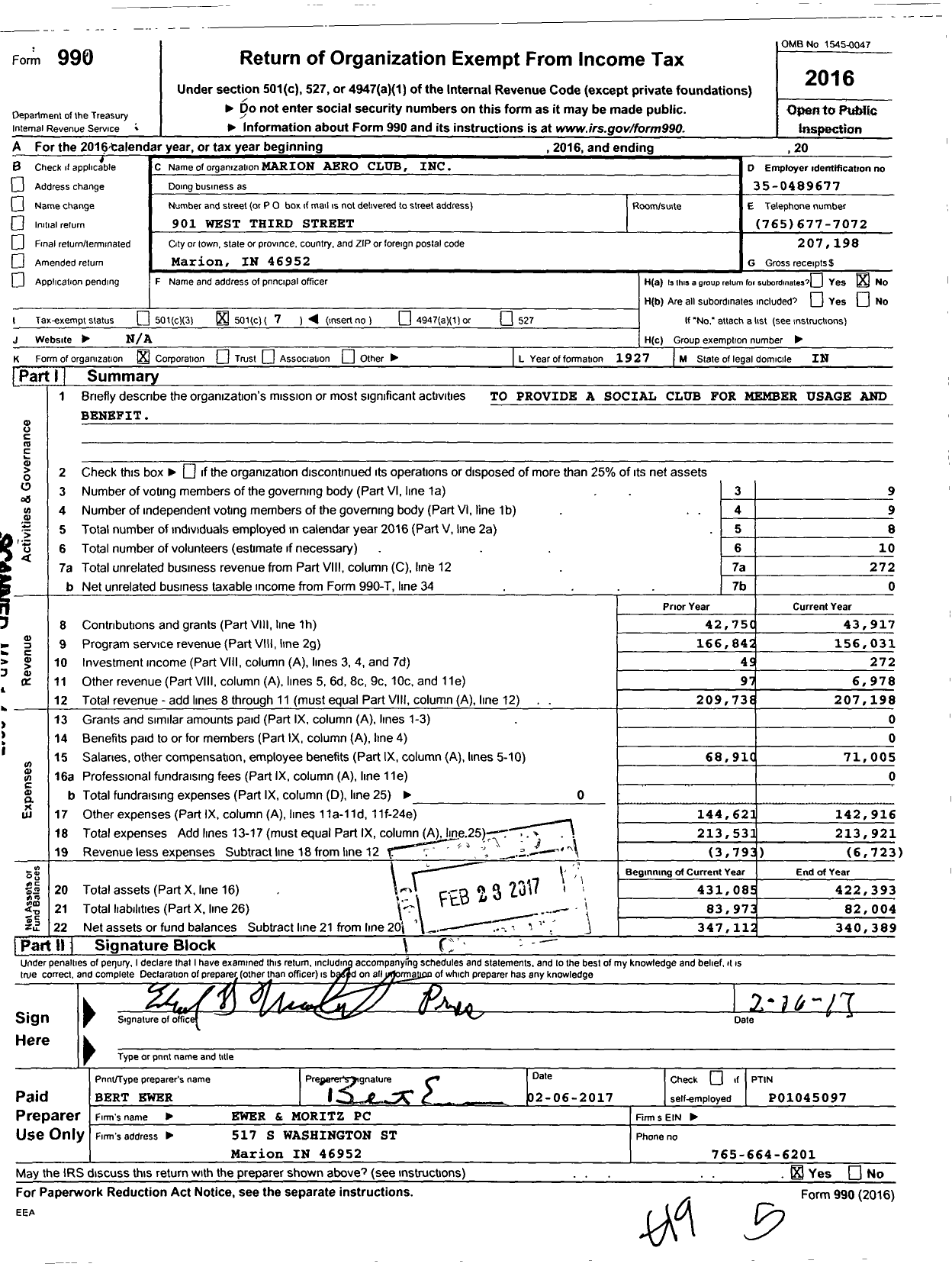 Image of first page of 2016 Form 990O for Marion Aero Club