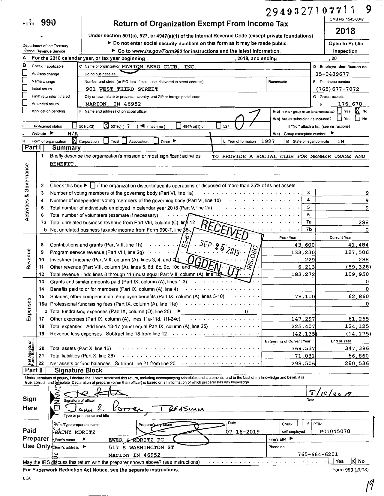 Image of first page of 2018 Form 990O for Marion Aero Club