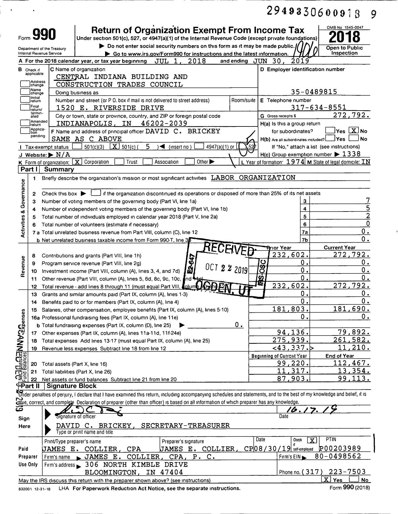 Image of first page of 2018 Form 990O for AFL-CIO - Central Indiana Bldg Constr Trades