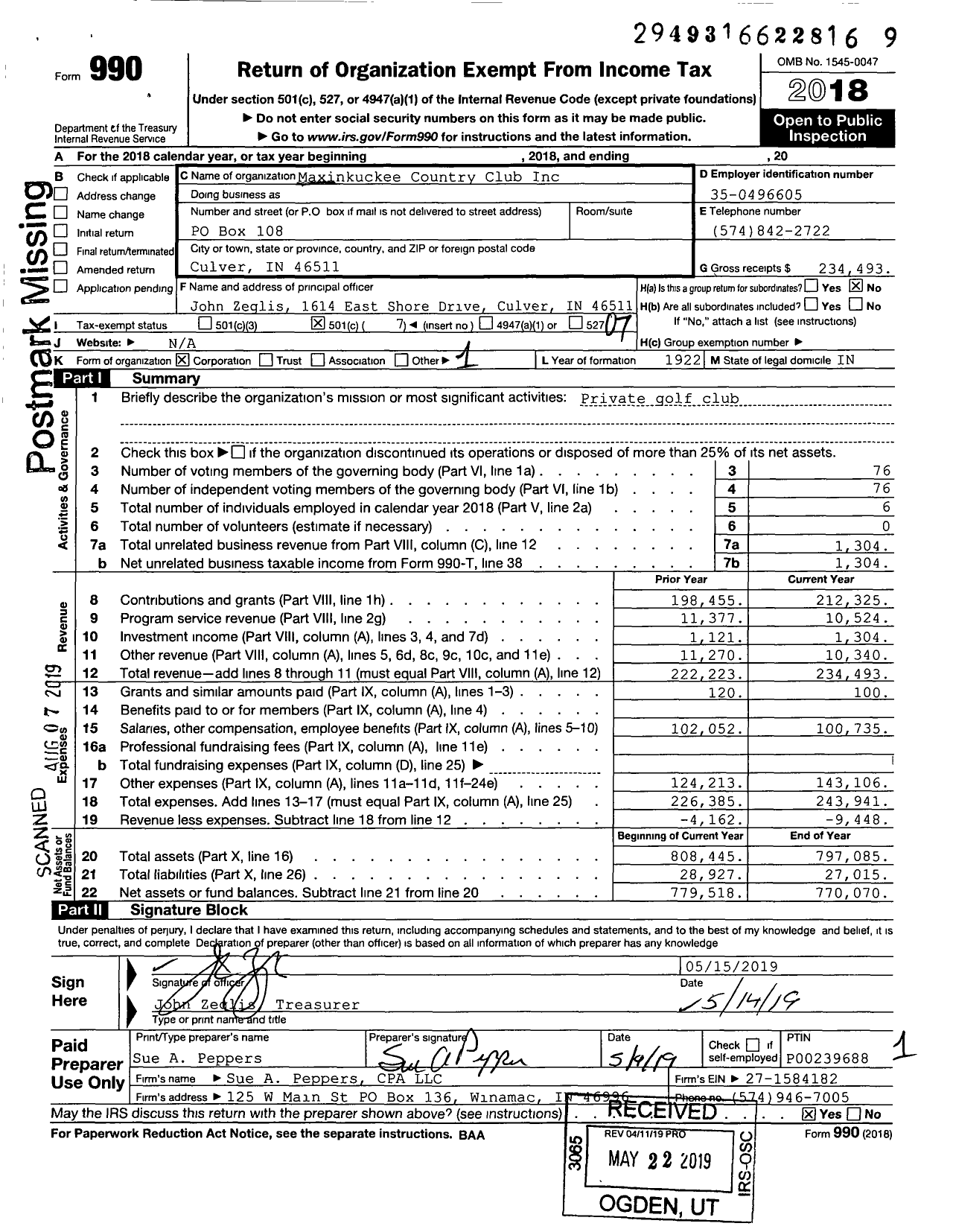 Image of first page of 2018 Form 990O for Maxinkuckee Country Club