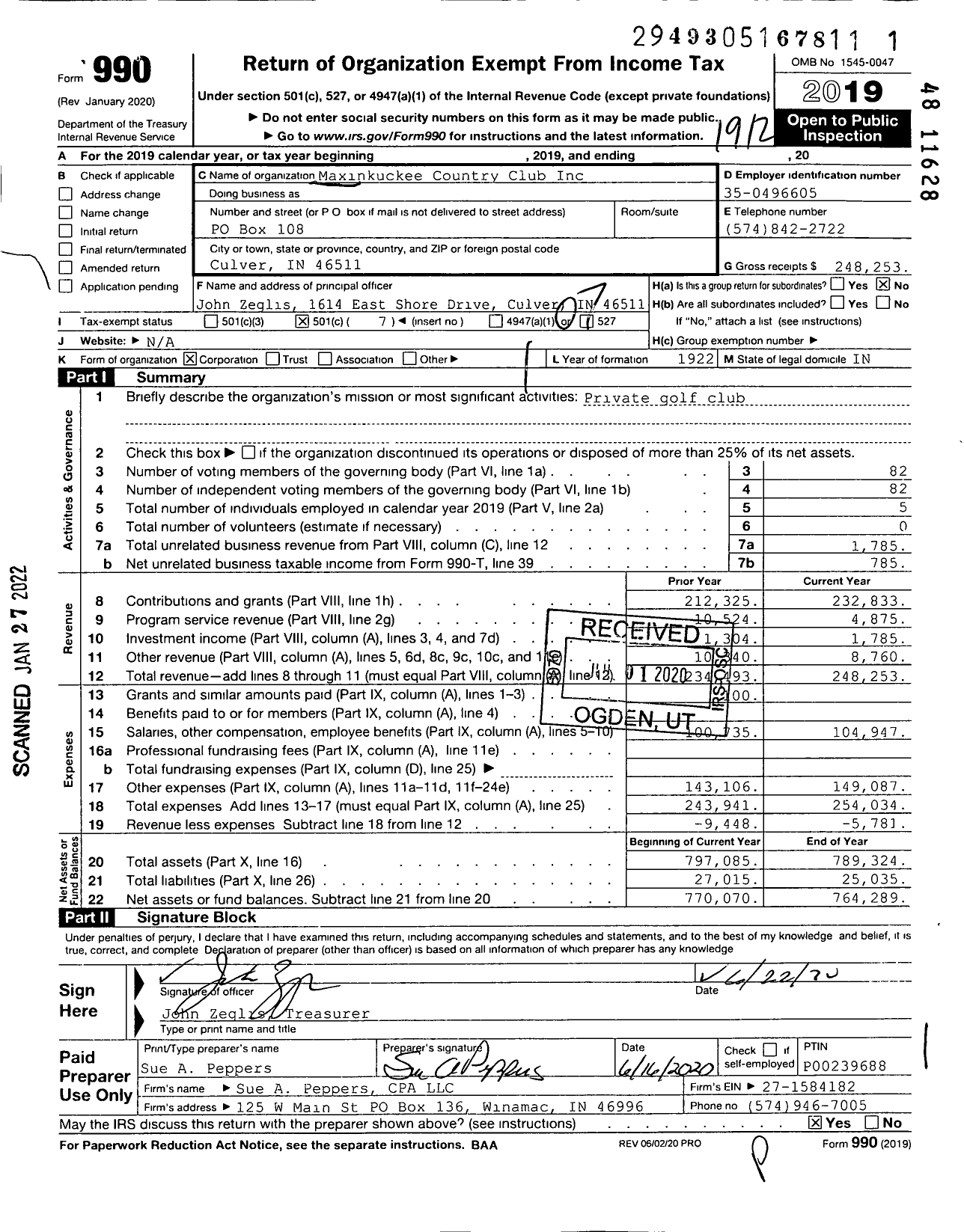 Image of first page of 2019 Form 990O for Maxinkuckee Country Club