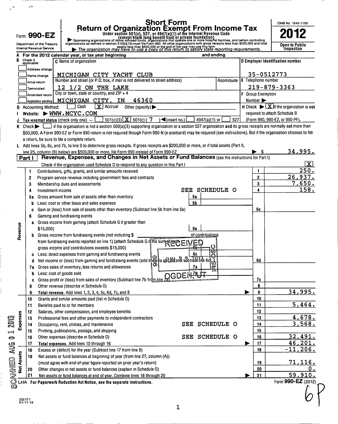 Image of first page of 2012 Form 990EO for Michigan City Yacht Club