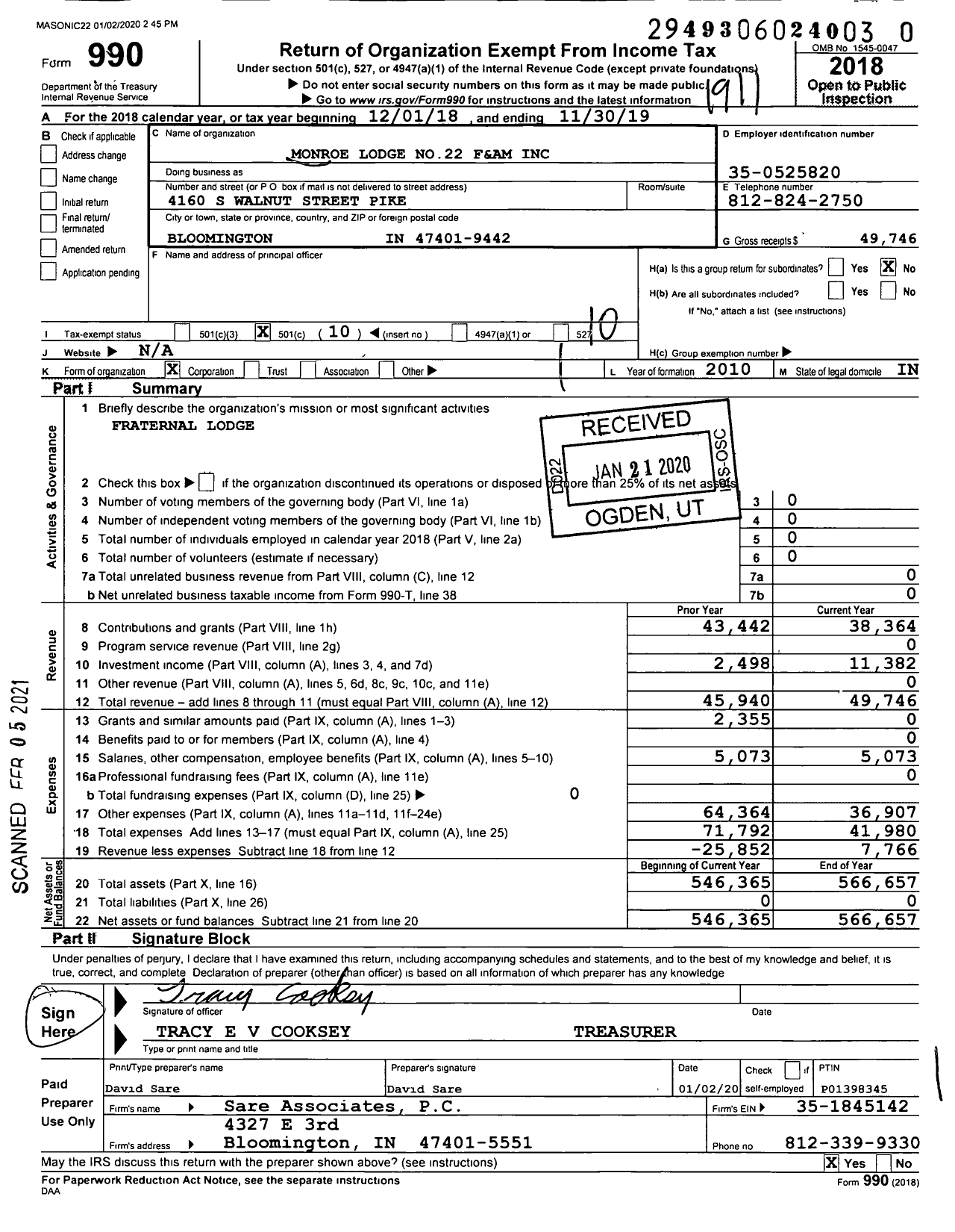 Image of first page of 2018 Form 990O for Free & Accepted Masons of Indiana - 22 Monroe Lodge