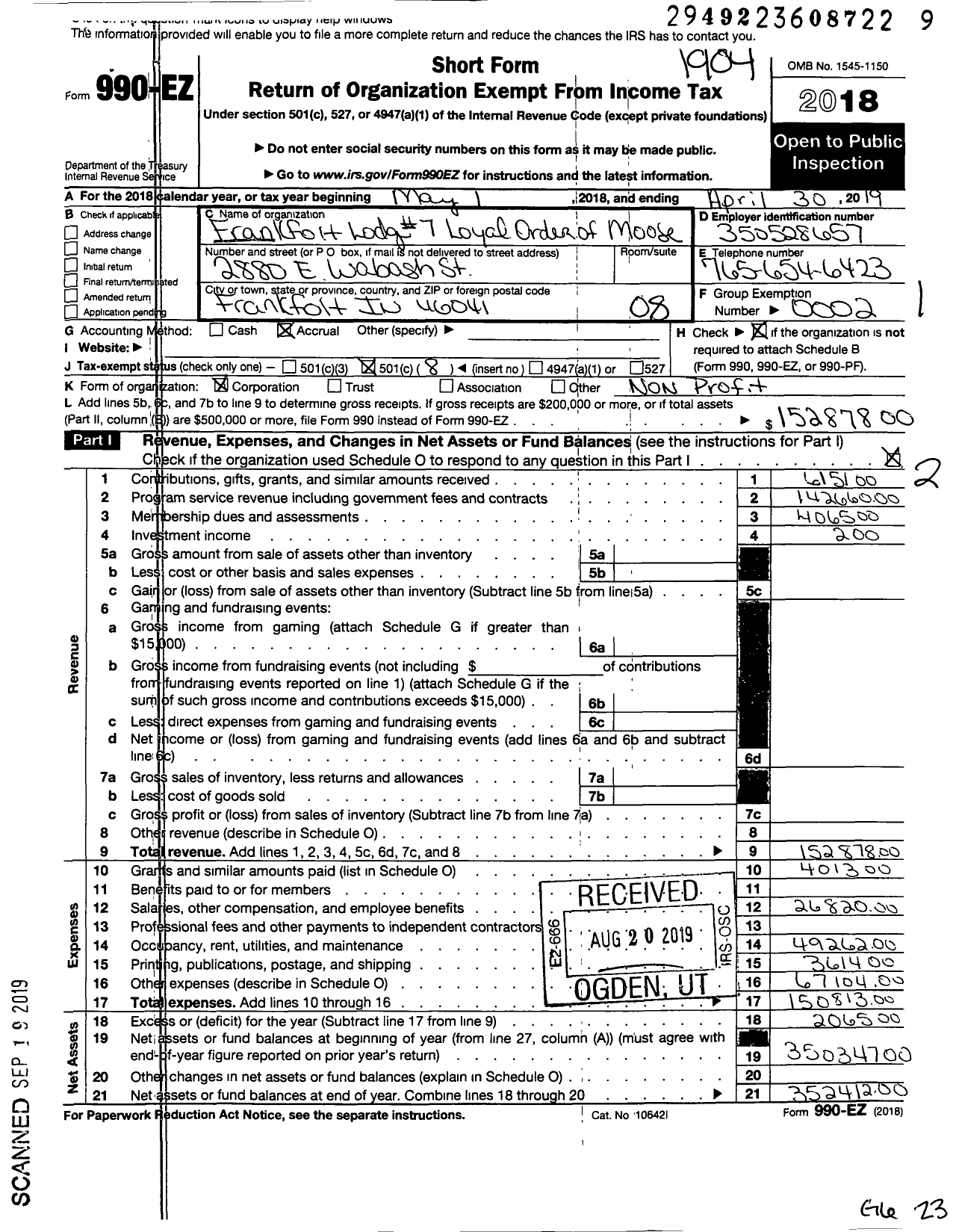 Image of first page of 2018 Form 990EO for Loyal Order of Moose - 7