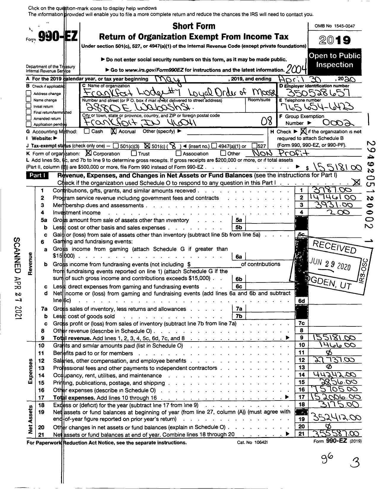 Image of first page of 2019 Form 990EO for Loyal Order of Moose - 7