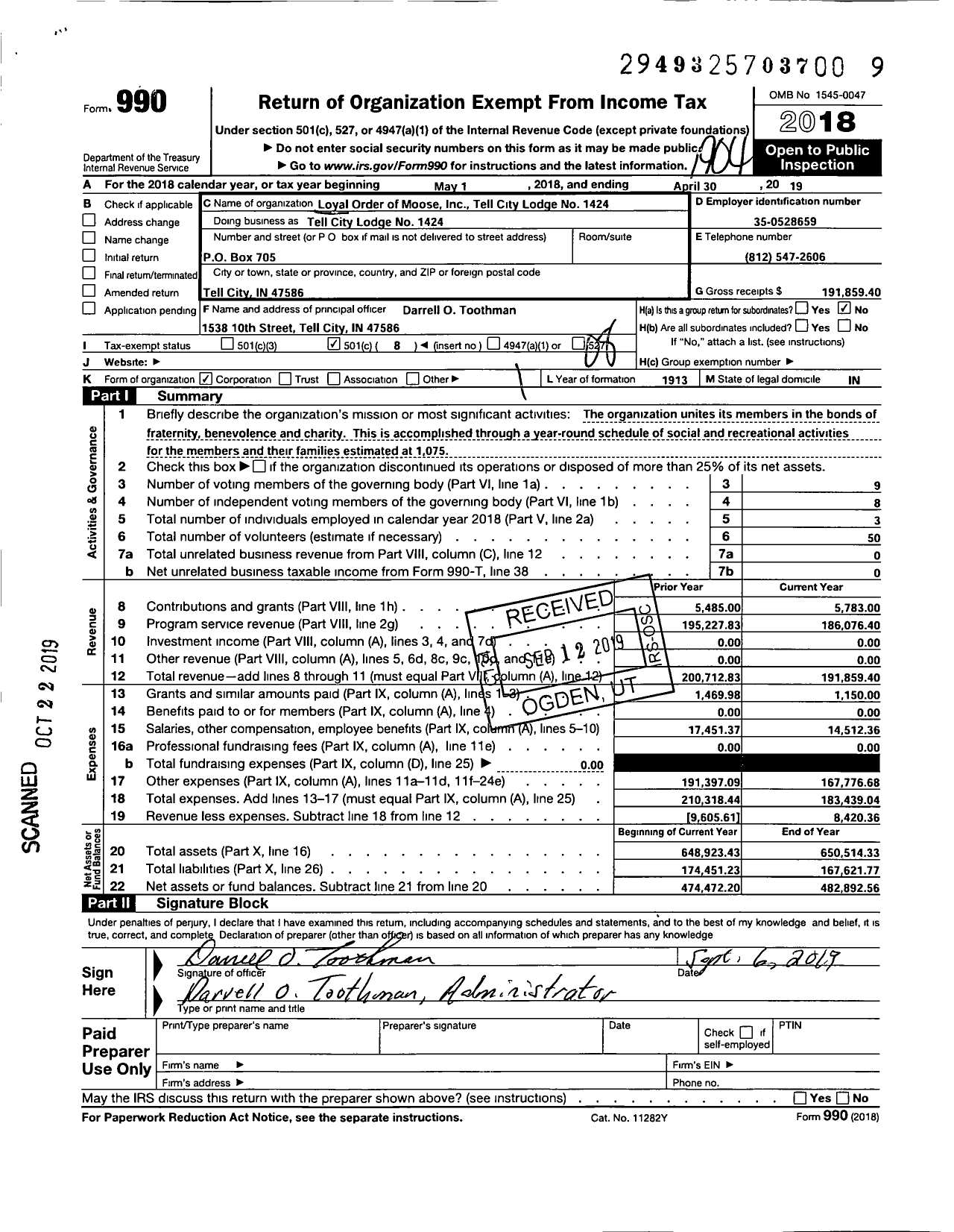 Image of first page of 2018 Form 990O for Loyal Order of Moose - Tell City Lodge No 1424