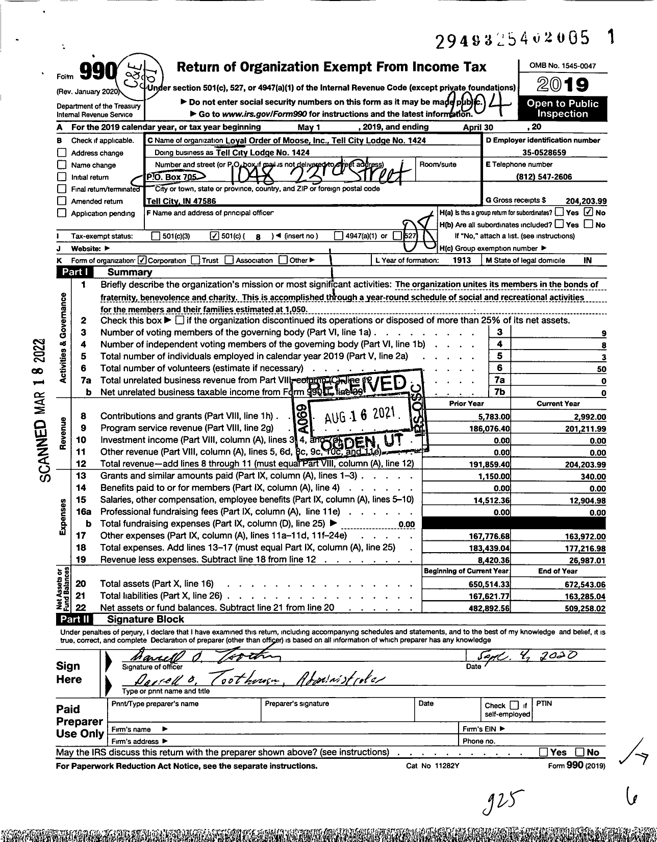 Image of first page of 2019 Form 990O for Loyal Order of Moose - Tell City Lodge No 1424