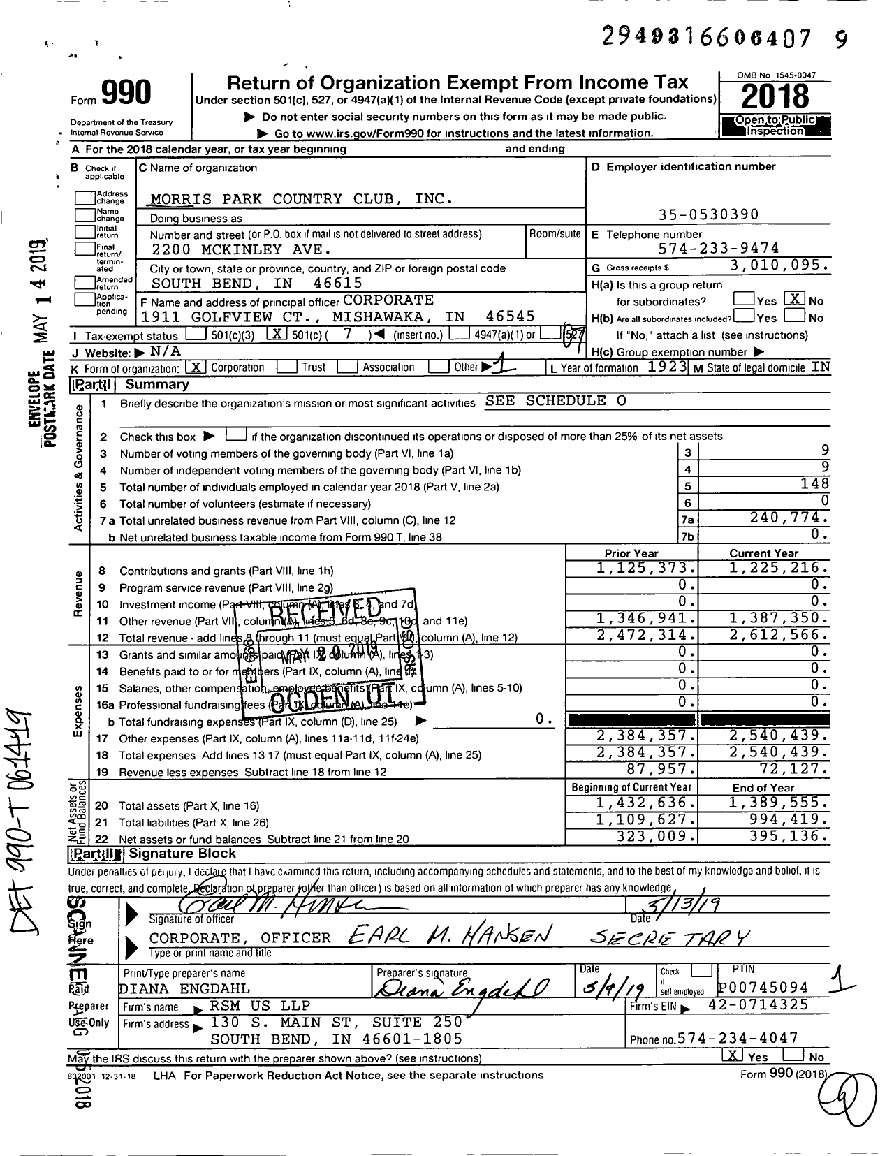 Image of first page of 2018 Form 990O for Morris Park Country Club