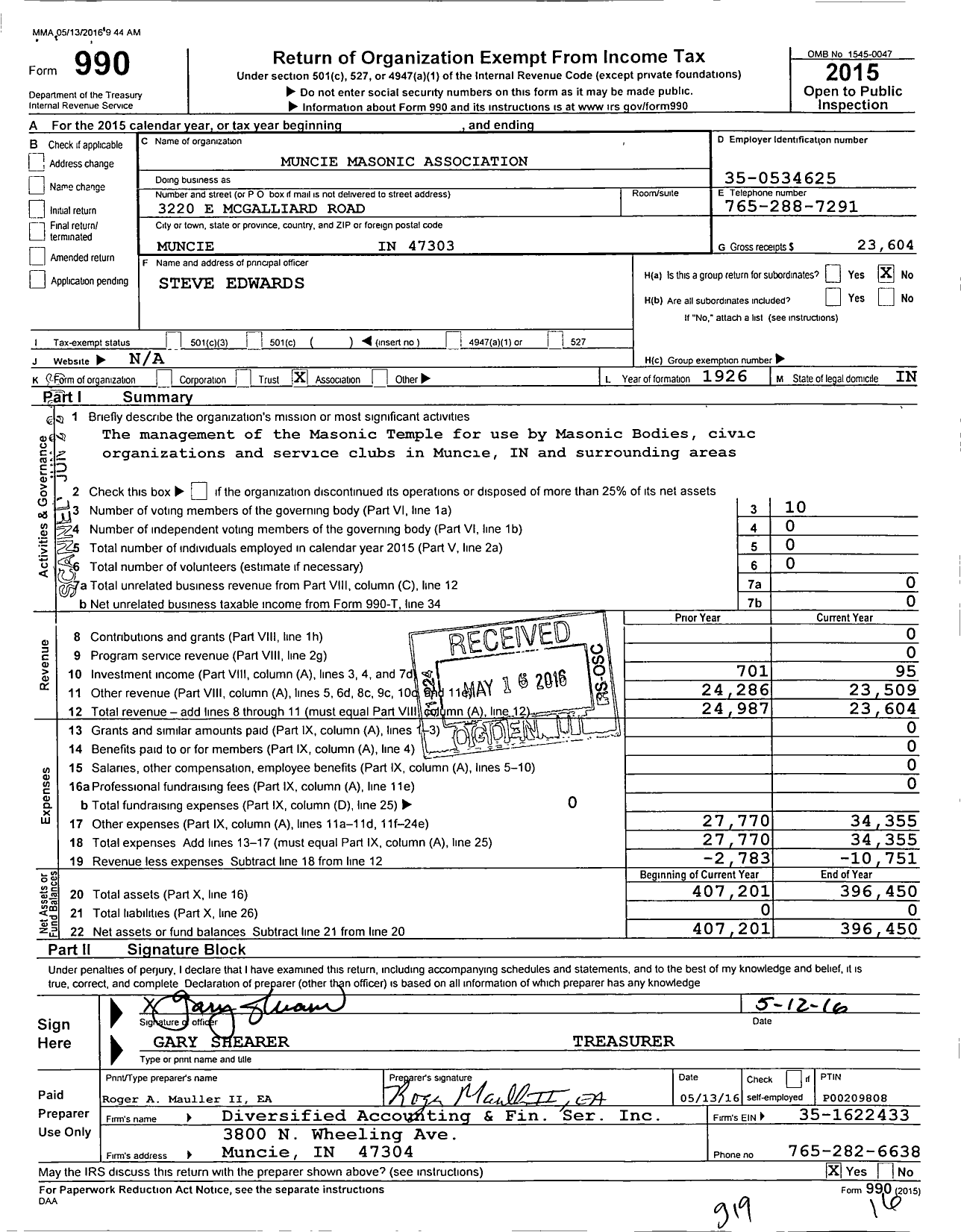 Image of first page of 2015 Form 990O for Muncie Masonic Association