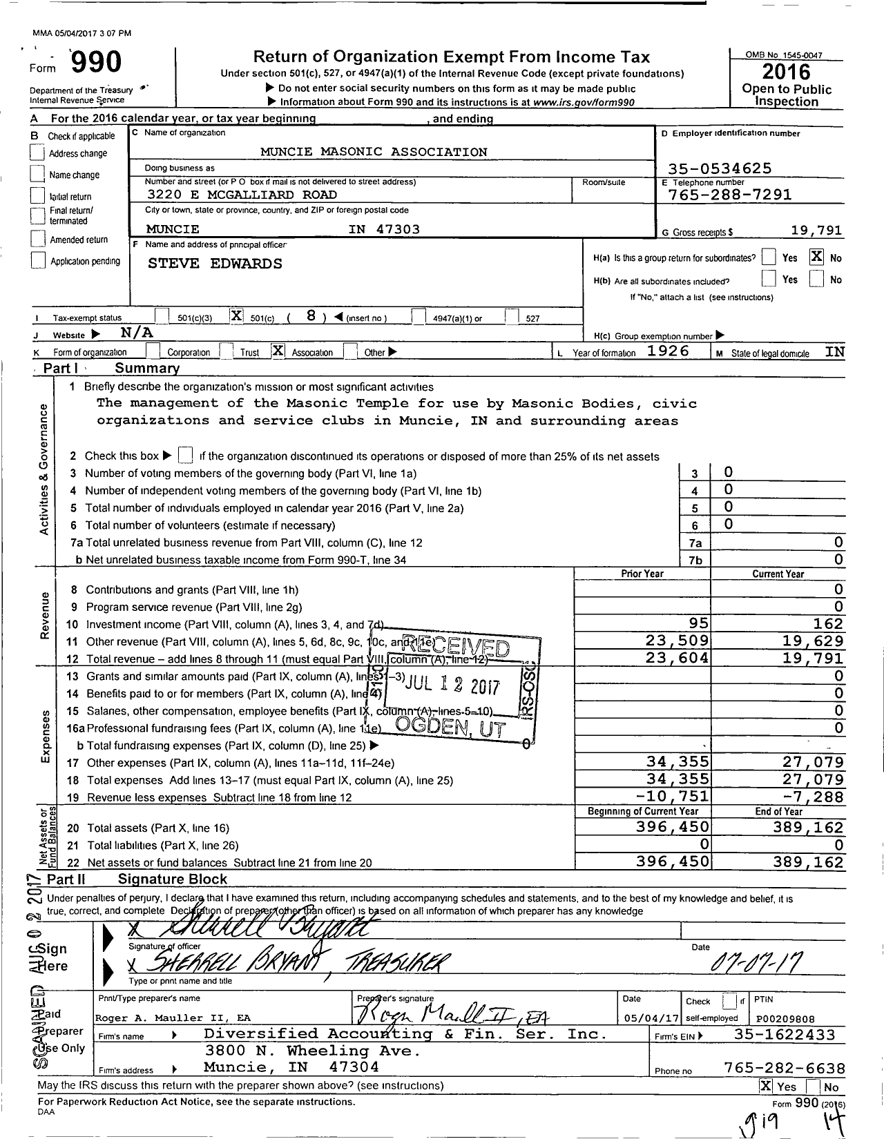 Image of first page of 2016 Form 990O for Muncie Masonic Association