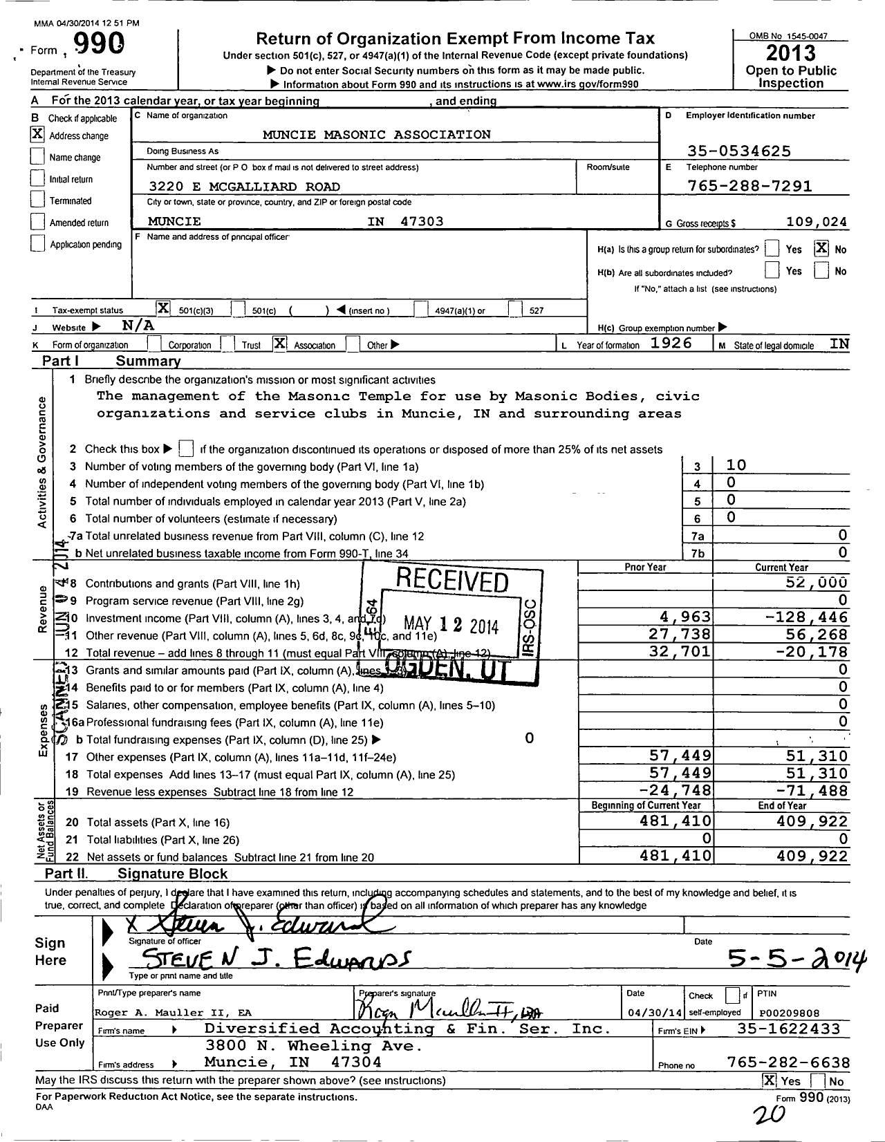 Image of first page of 2013 Form 990 for Muncie Masonic Association