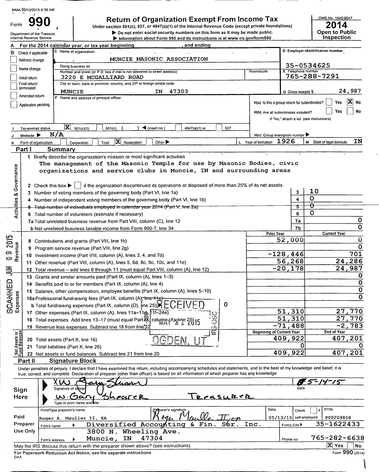 Image of first page of 2014 Form 990 for Muncie Masonic Association