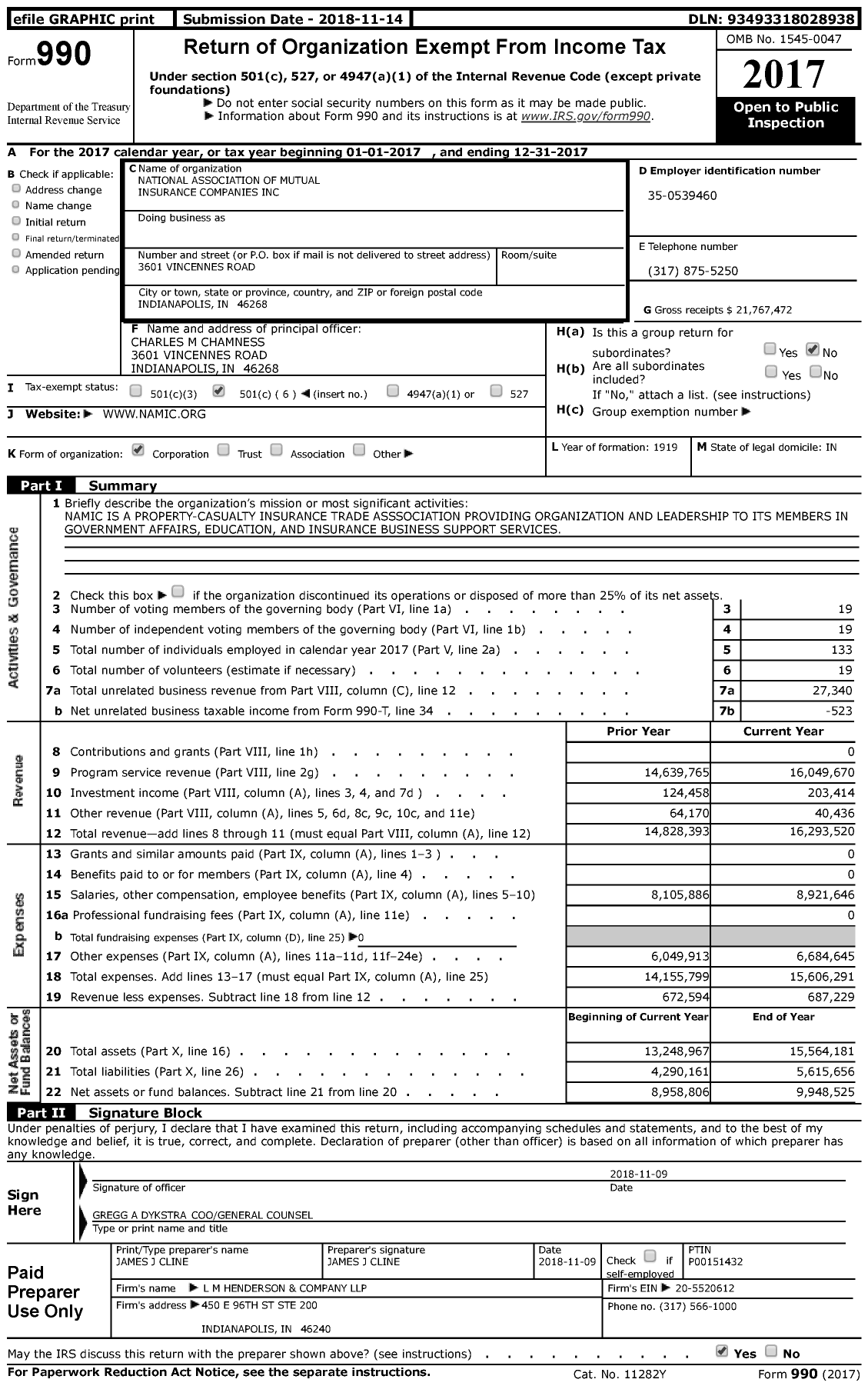 Image of first page of 2017 Form 990 for National Association of Mutual Insurance Companies