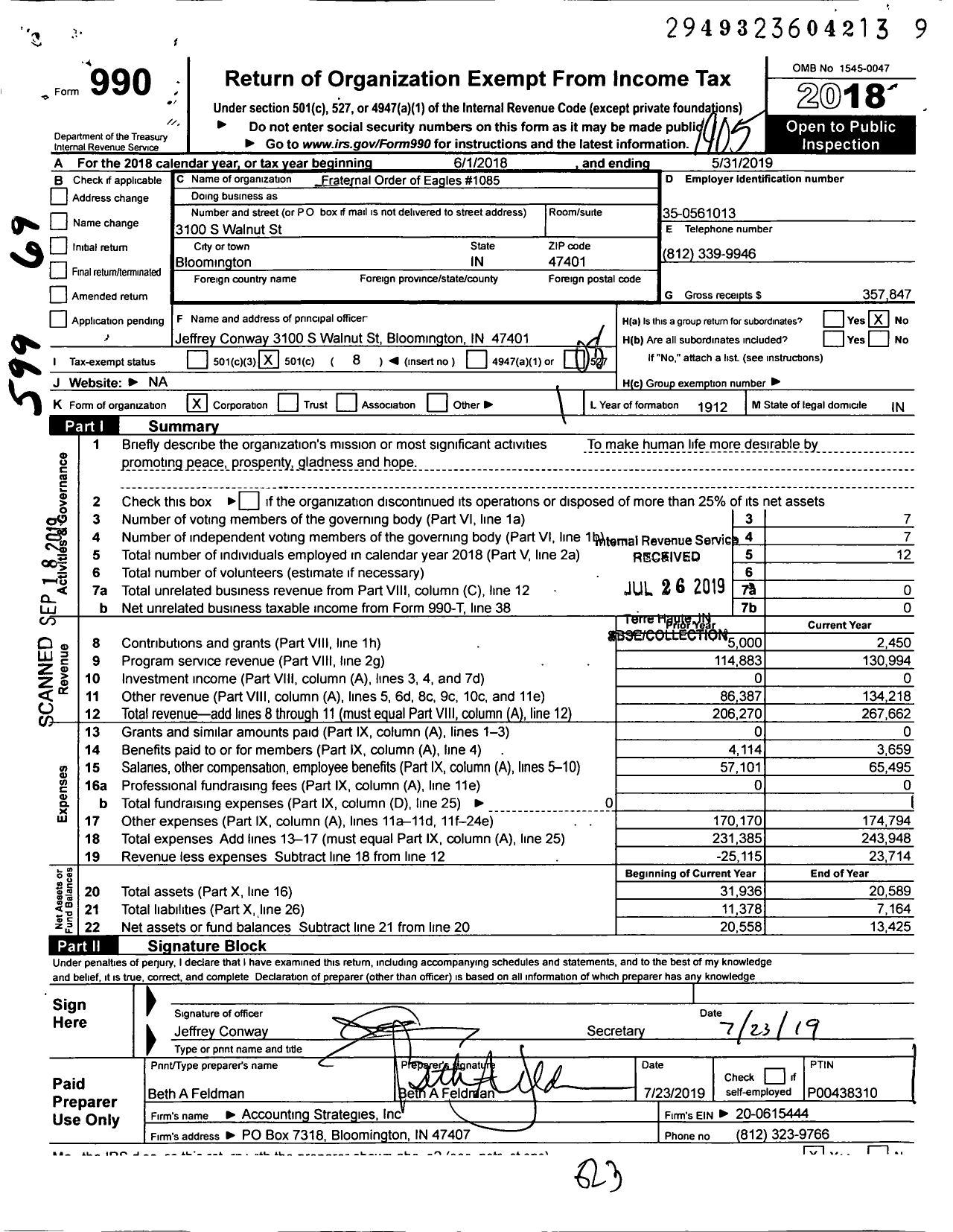 Image of first page of 2018 Form 990O for Fraternal Order of Eagles - 1085 Aerie