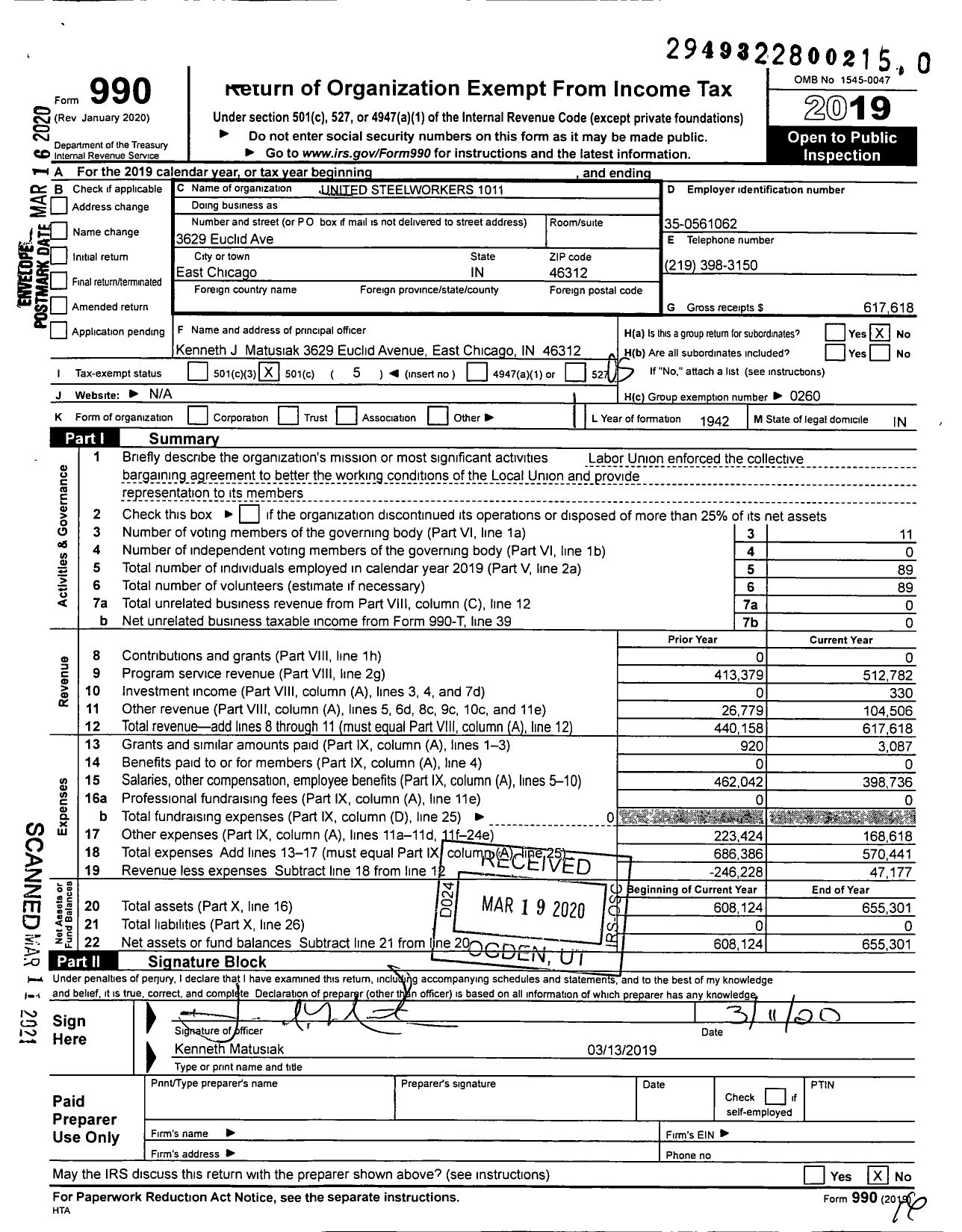 Image of first page of 2019 Form 990O for United Steelworkers - Local Union 01011