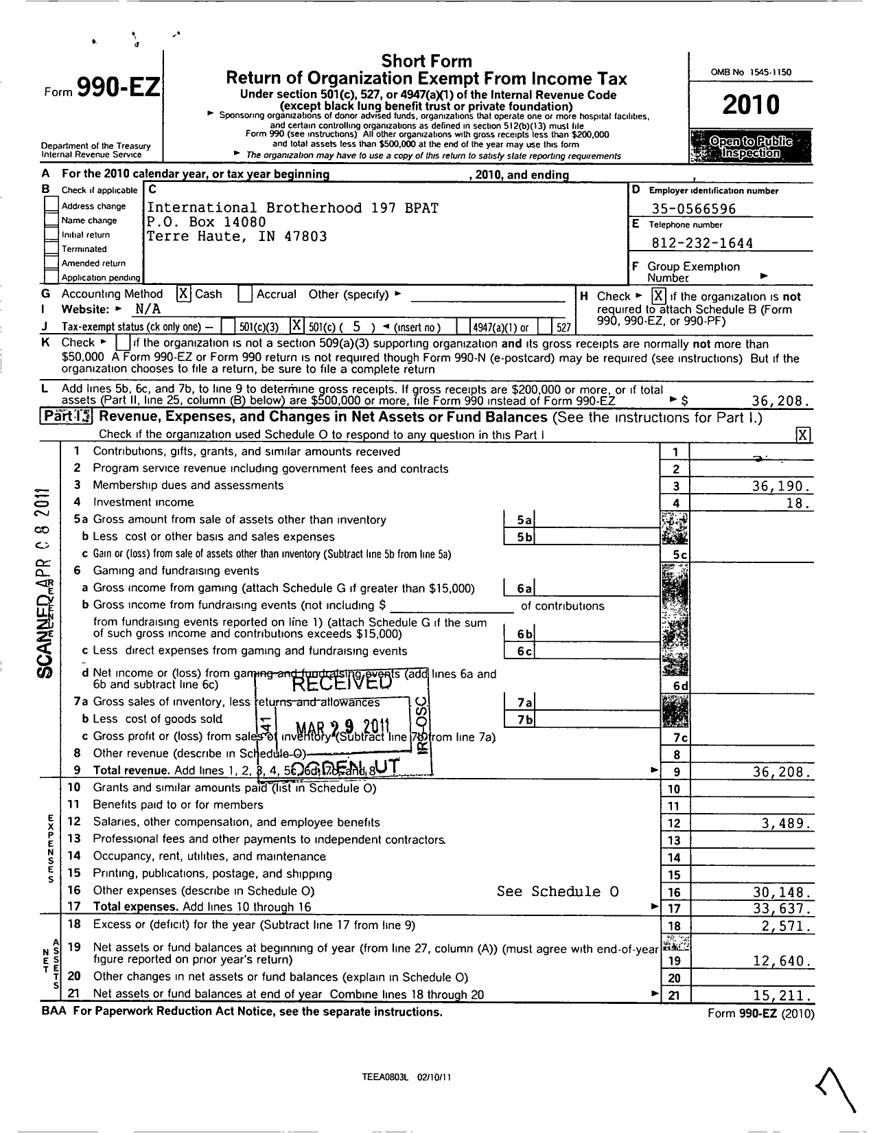 Image of first page of 2010 Form 990EO for International Union of Painters and Allied Trades - 197 Painters Local Union