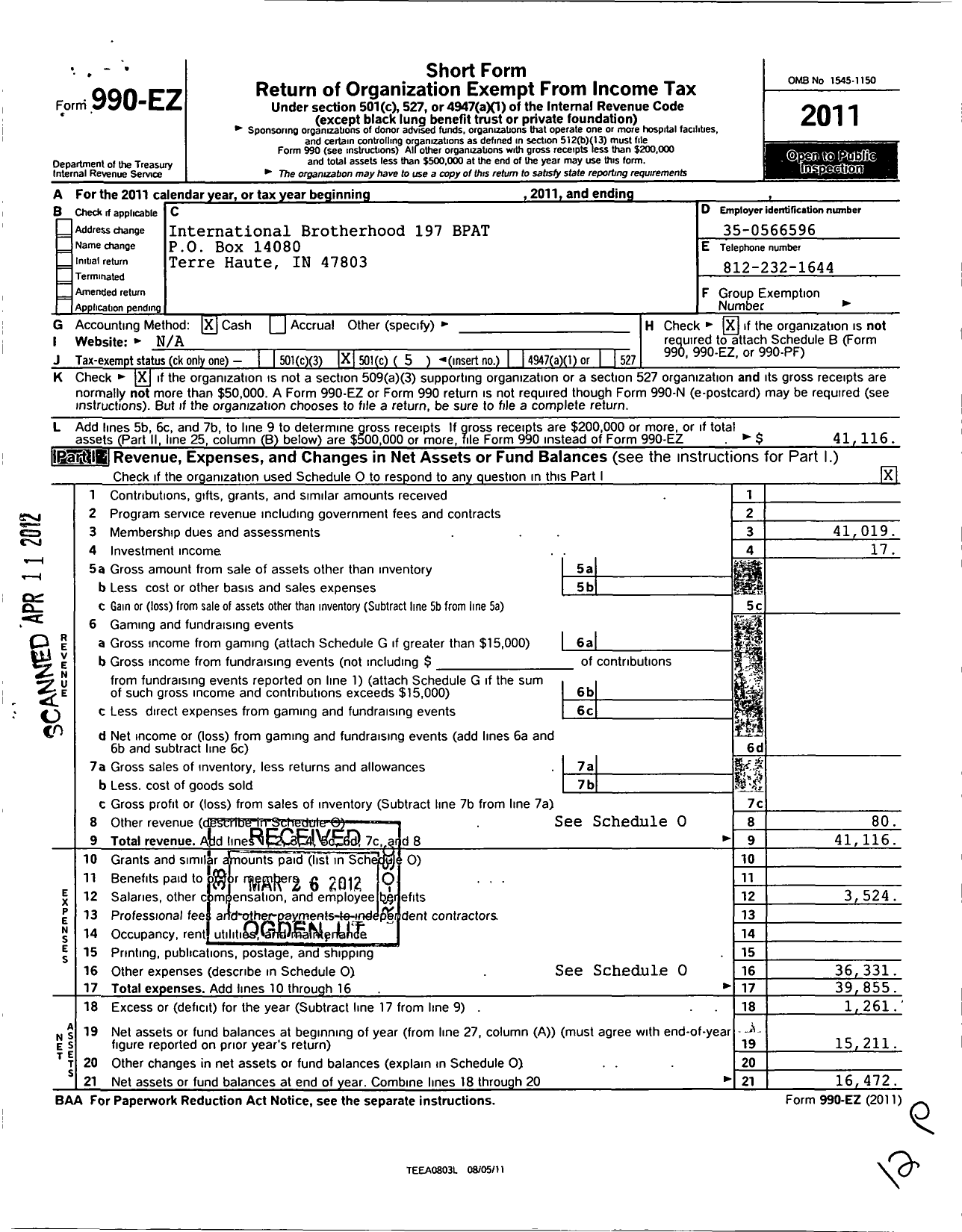 Image of first page of 2011 Form 990EO for International Union of Painters and Allied Trades - 197 Painters Local Union