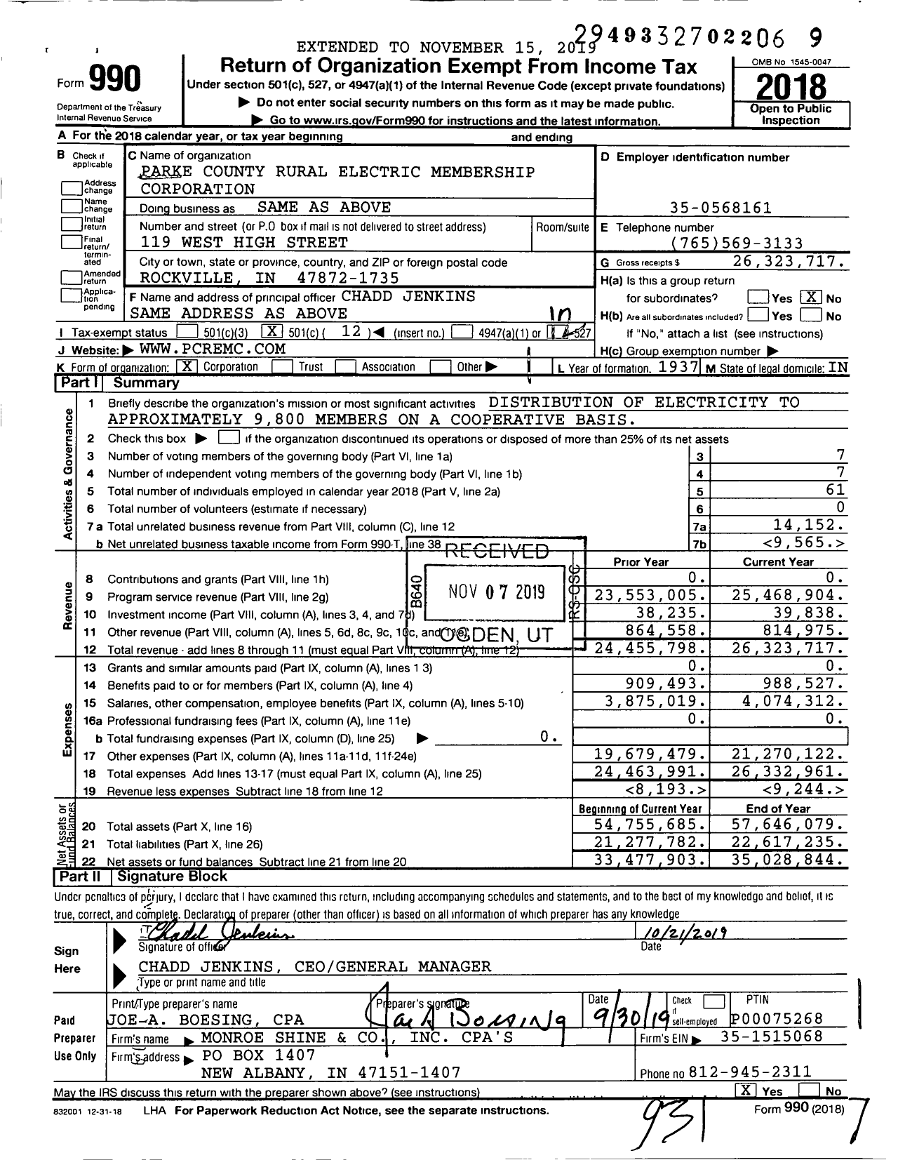 Image of first page of 2018 Form 990O for Parke County Rural Electric Membership Corporation