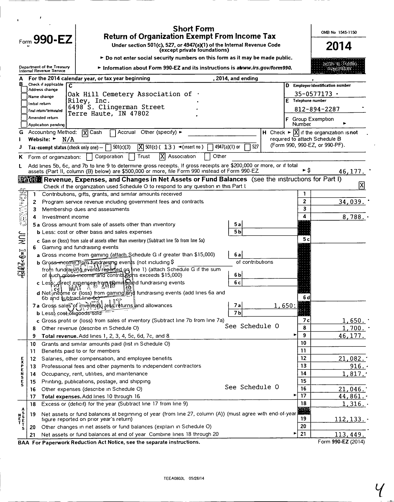 Image of first page of 2014 Form 990EO for Oak Hill Cemetery Association of Riley