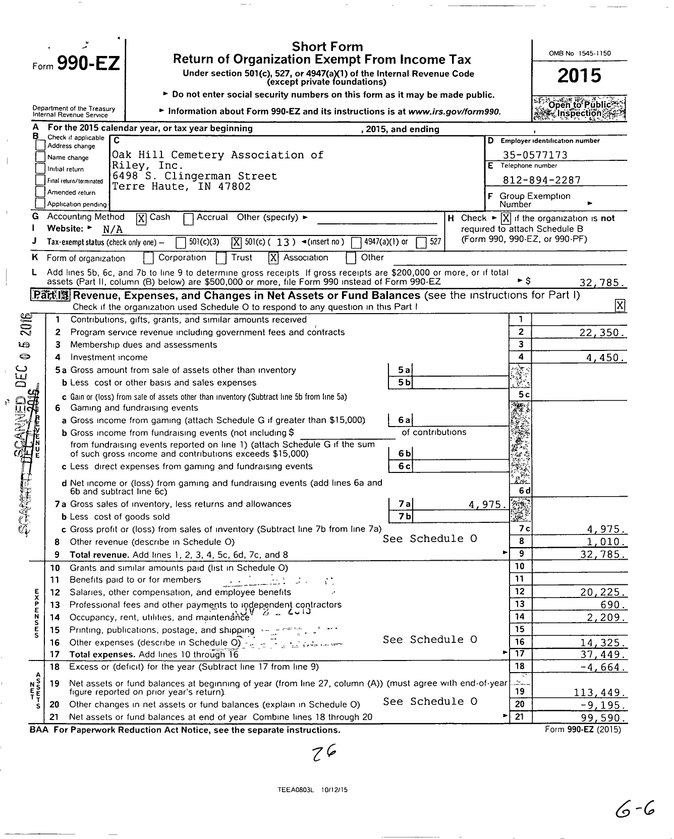 Image of first page of 2015 Form 990EO for Oak Hill Cemetery Association of Riley