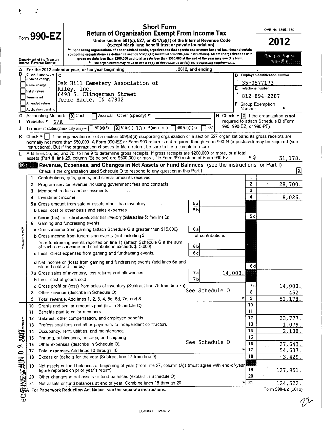 Image of first page of 2012 Form 990EZ for Oak Hill Cemetery Association of Riley