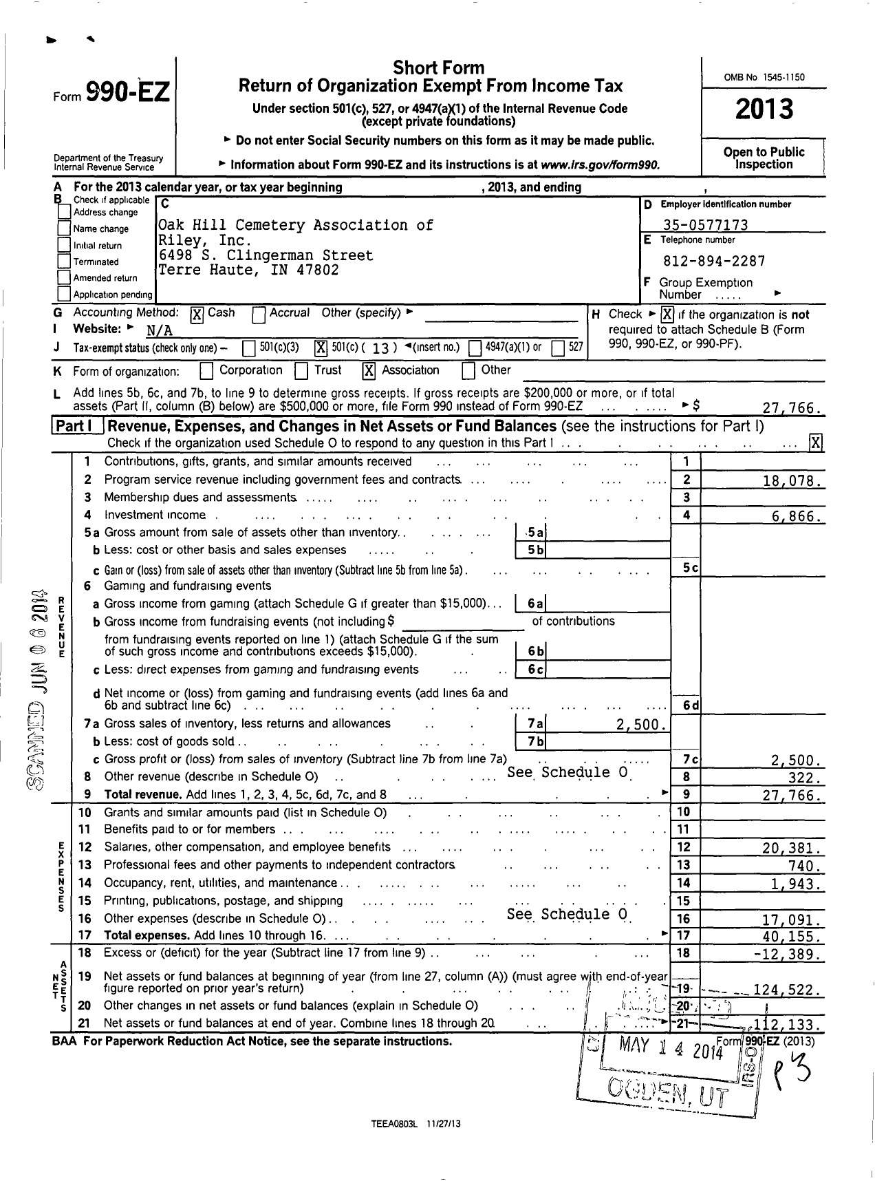 Image of first page of 2013 Form 990EO for Oak Hill Cemetery Association of Riley