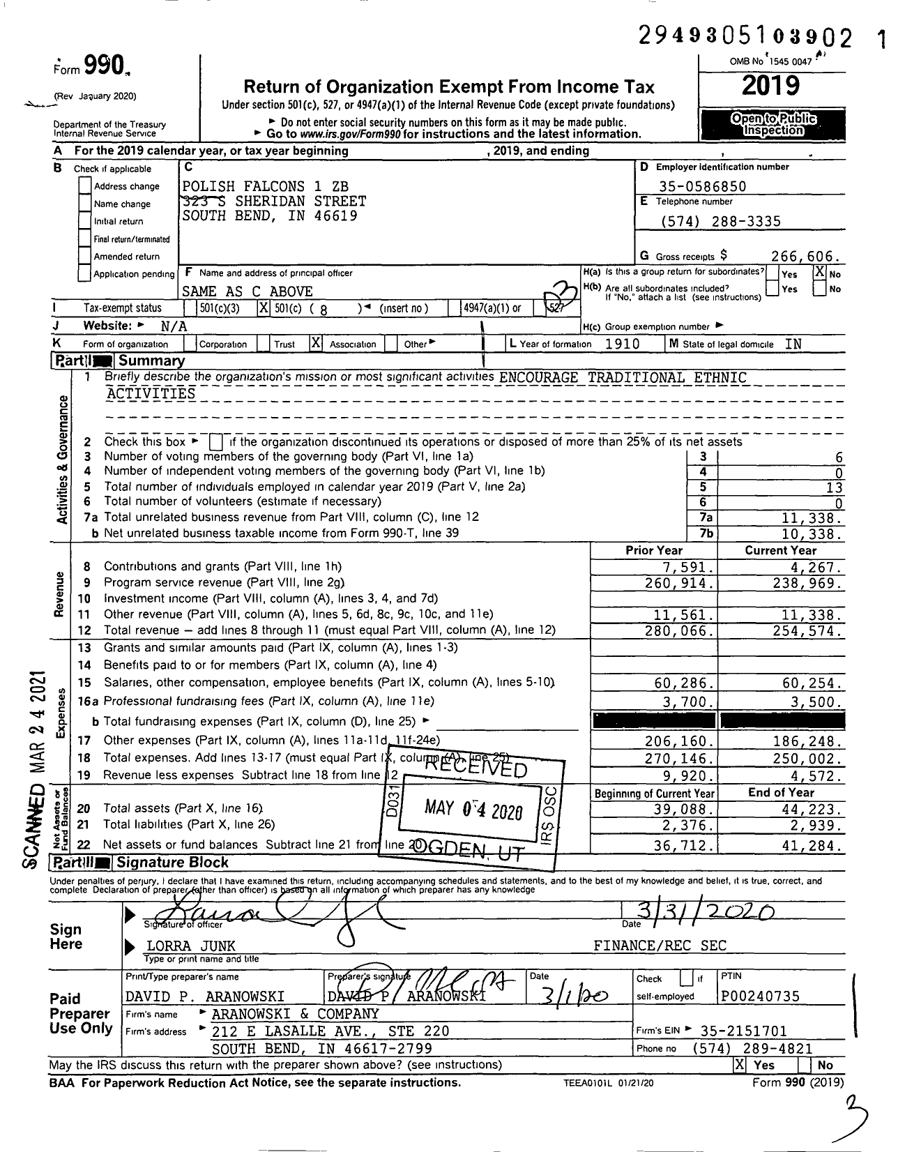 Image of first page of 2019 Form 990 for Polish Falcons of America - 1 ZB