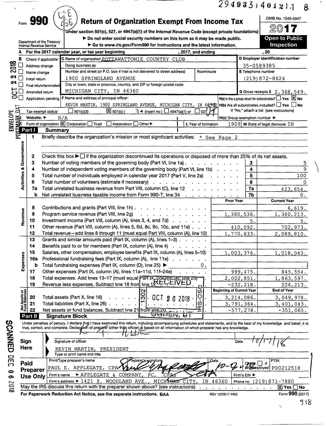 Image of first page of 2017 Form 990O for Pottawattomie Country Club